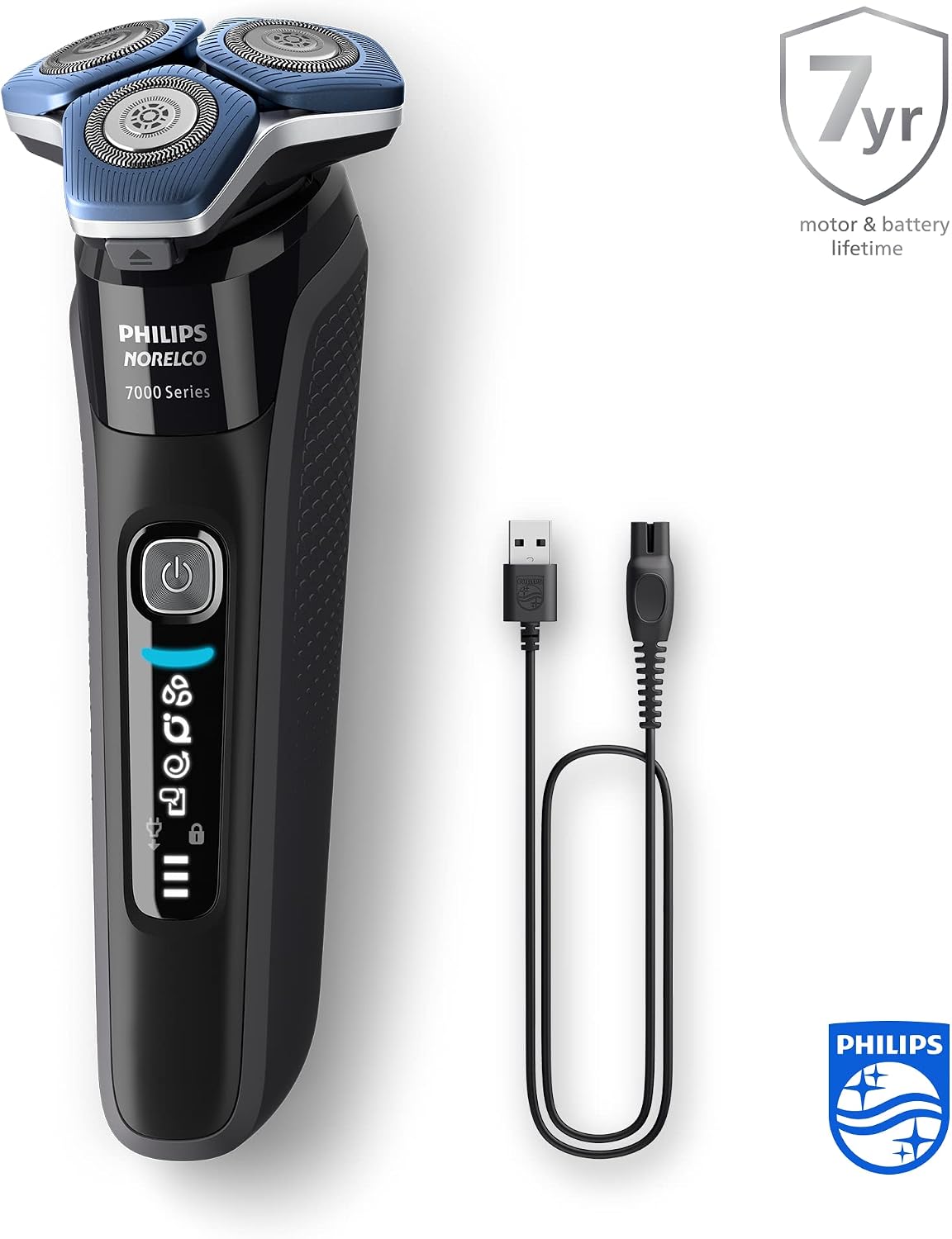 Golarka elektryczna Philips Series 7000 do golenia na mokro i na sucho z technologią SkinIQ zintegrowanym trymerem podkładką ładującą etui podróżnym wkładem Quick Clean Model S7886 55