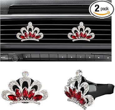 Augeny 2 PCS Bling Car Air Vent Clips, Crystal Rhinestone Crown Air Freshener Outlet Diffuser Clip, Auto Air Conditioning Clip Charm for Women Girls, Interior Decor Car Accessories Red