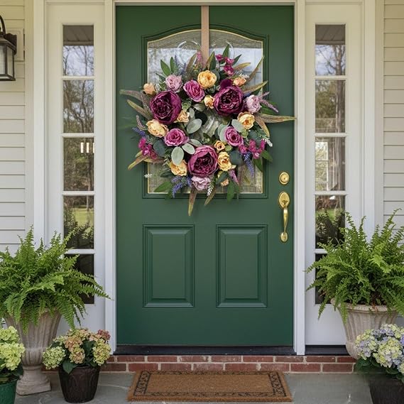 Spring Summer Wreath,Artificial Peony Wreath,Hanging Simulation Spring Decorative Garland,for Front Door, Wall, Window,Wedding (45cm)