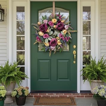 Spring Summer Wreath,Artificial Peony Wreath,Hanging Simulation Spring Decorative Garland,for Front Door, Wall, Window,Wedding (45cm)