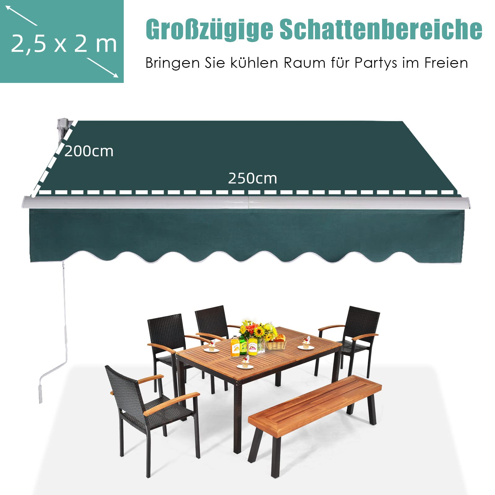 RELAX4LIFE Einziehbare Markise 2,5 x 2 m, Gelenkarmmarkise mit Handkurbel, Sonnenmarkise Winkel- & Breite einstellbar (40-100°), Markise für Balkon Veranda (Grün)