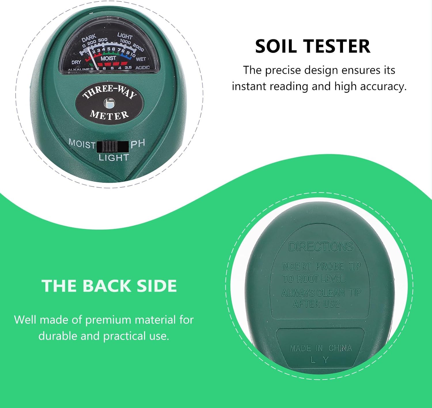 Ipetboom 1 Soil Tester Kit with Dual Probes for Ph, Moisture, and Light Measurement, Easy to Carry and Operate, for Greenhouse and Indoor Planting, Plastic and Iron Material Gardening