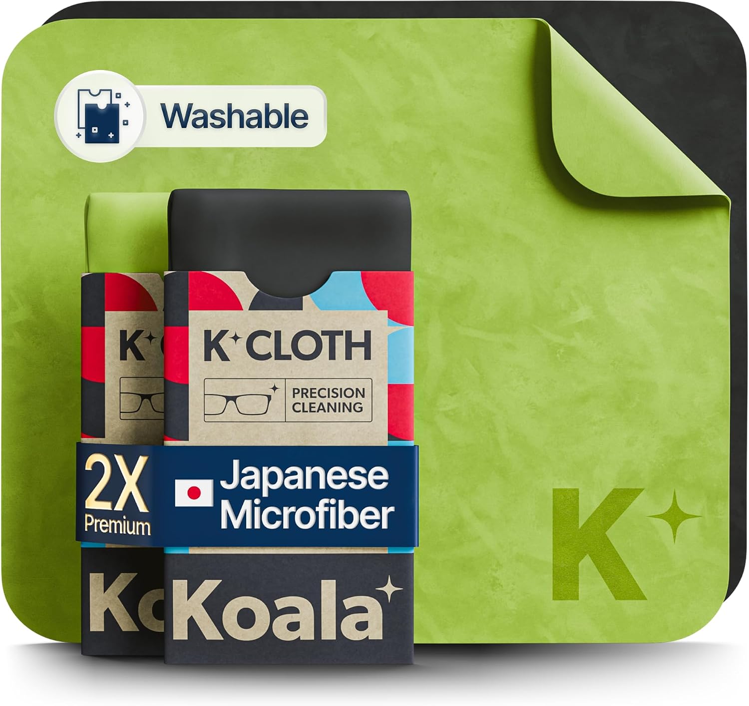 Koala Lens Cleaning Cloth | Japanese Microfiber | Glasses Cleaning Cloths | Eyeglass Lens Cleaner | Eyeglasses, Camera Lens, VRAR Headset, and Screen Cleaning | Black &amp; Green Pack of 2