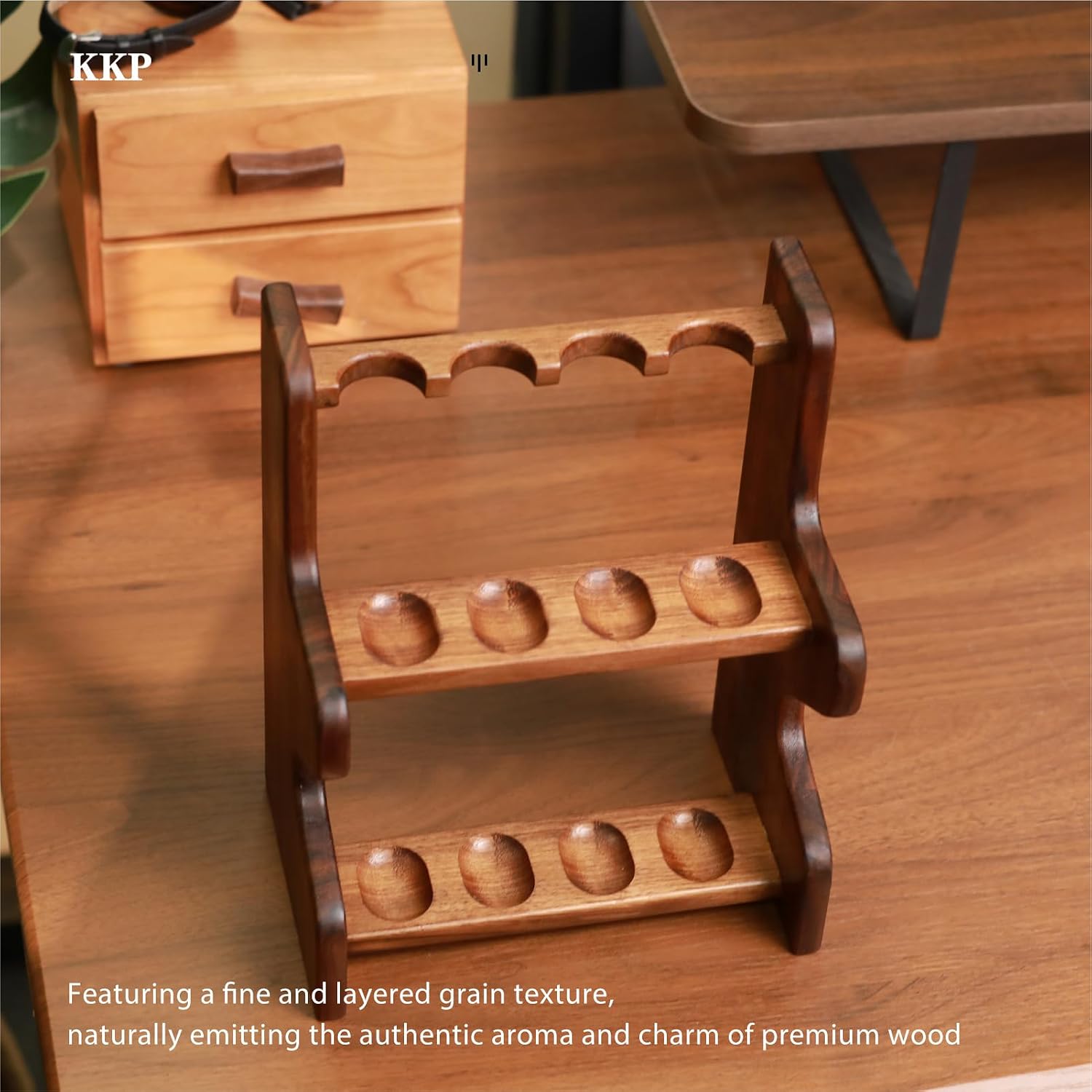 KKP Double-Layer 8-Slot Tobacco Pipe Stand | Handmade Wooden Pipe Display Rack | Solid Black Walnut | Rustic Organizer for Smoking Pipes & Gifts