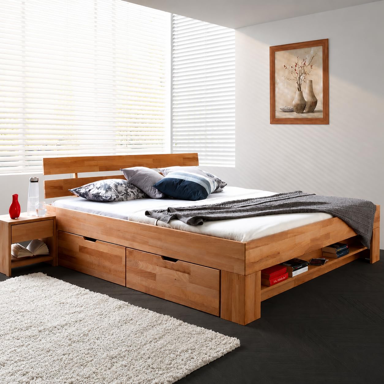 Elfo Bett Futonbett Kernbuche-massiv geölt 180 x 200 cm inkl. 4 Bettkasten auf Rollen und Fußteilregal Sofie