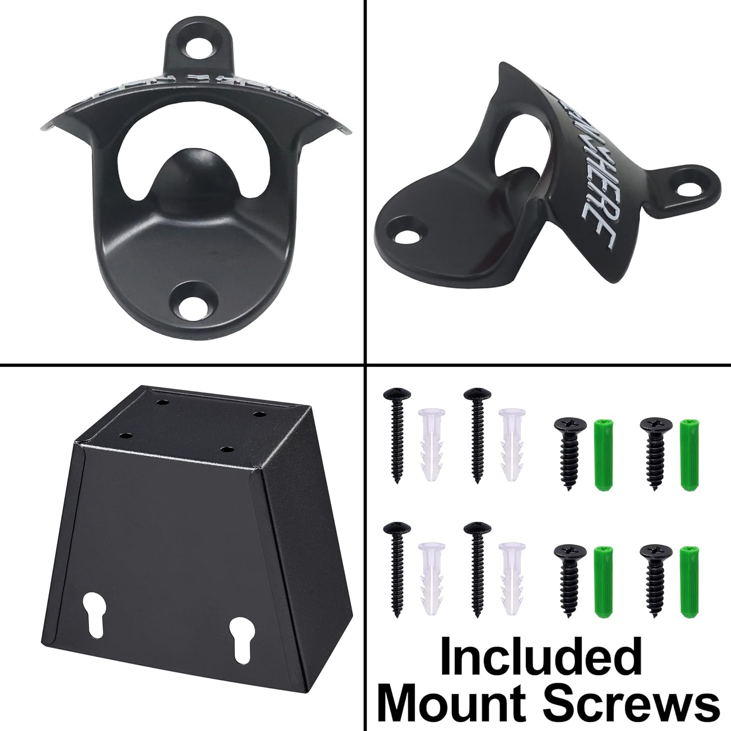 Black White Bottle Opener Wall Mounted with Cap Catcher Drained Holes, Embossed Stainless Beer Top Opener and Cap Bucket Screw in Post Table Outdoor (2 PCS)