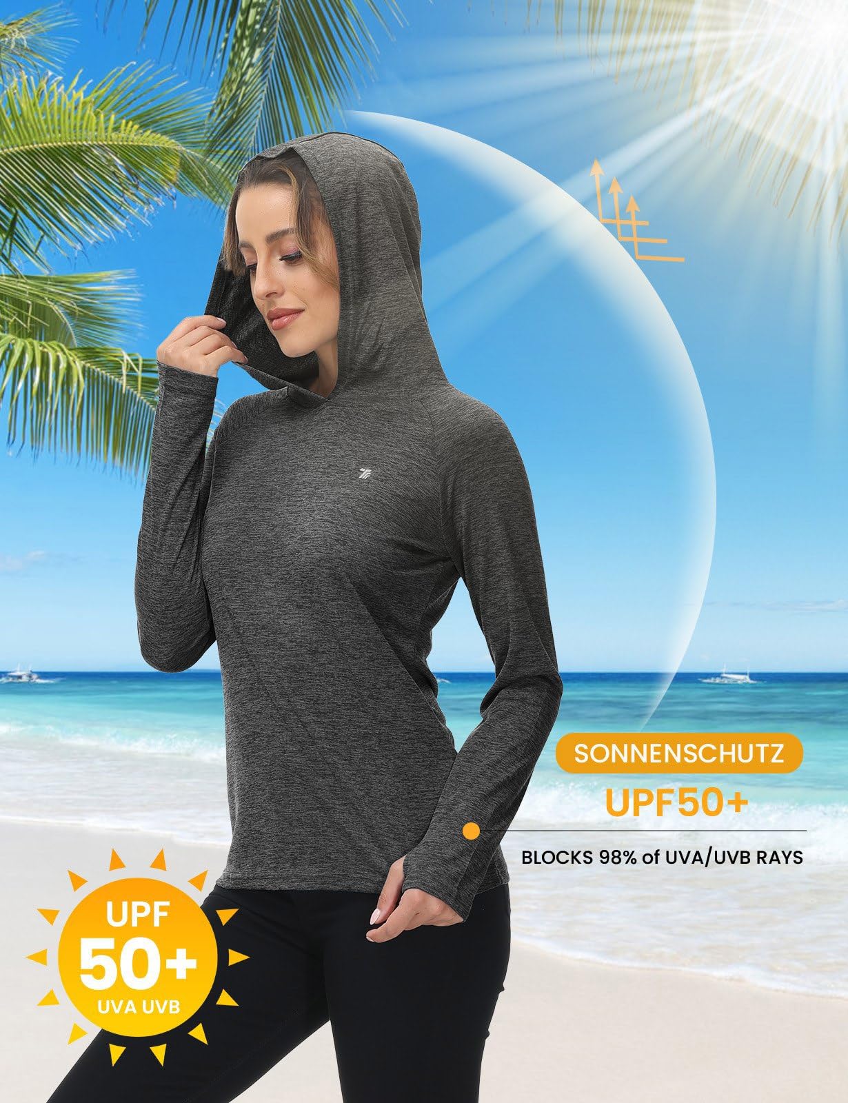 Rdruko Sportshirt Damen Langarm Laufshirt UV Shirt Sun Hoodie Sonnenschutz UPF 50+ Pullover mit Kapuze