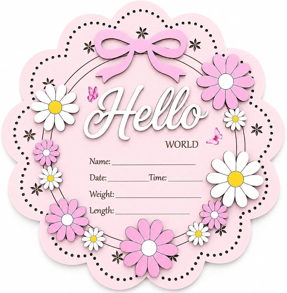 Hello World Wooden Baby Birth Announcement Sign, Pink Floral Newborn Name Date Time Weight Length Board, Baby Girl Nursery Decor Photo Prop Keepsake (Light Pink) — 사진 1
