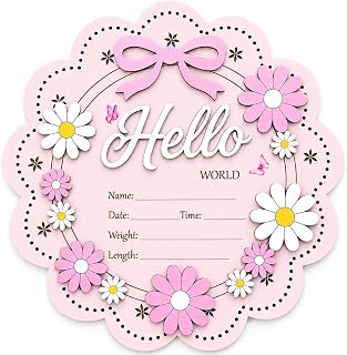 Hello World Wooden Baby Birth Announcement Sign, Pink Floral Newborn Name Date Time Weight Length Board, Baby Girl Nursery Decor Photo Prop Keepsake (Light Pink)