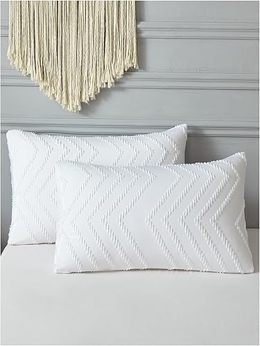 QWINEE Funda de almohada de tamaño estándar simple, color blanco, 2 piezas, diseño de cheurón, sin relleno, para el hogar, color blanco, tamaño Queen