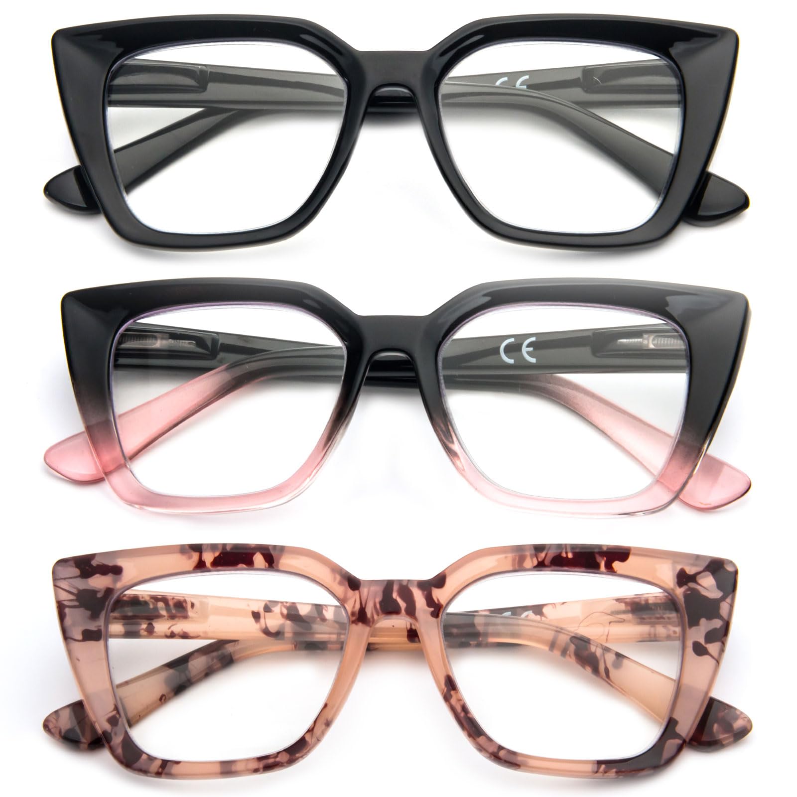 Kodilin 3 Pack Occhiali da lettura donna Oversized Square Anti Luce Blue Computer Lettori Uomo con cerniera a molla (+2.5, nero rosa rosa tartaruga)