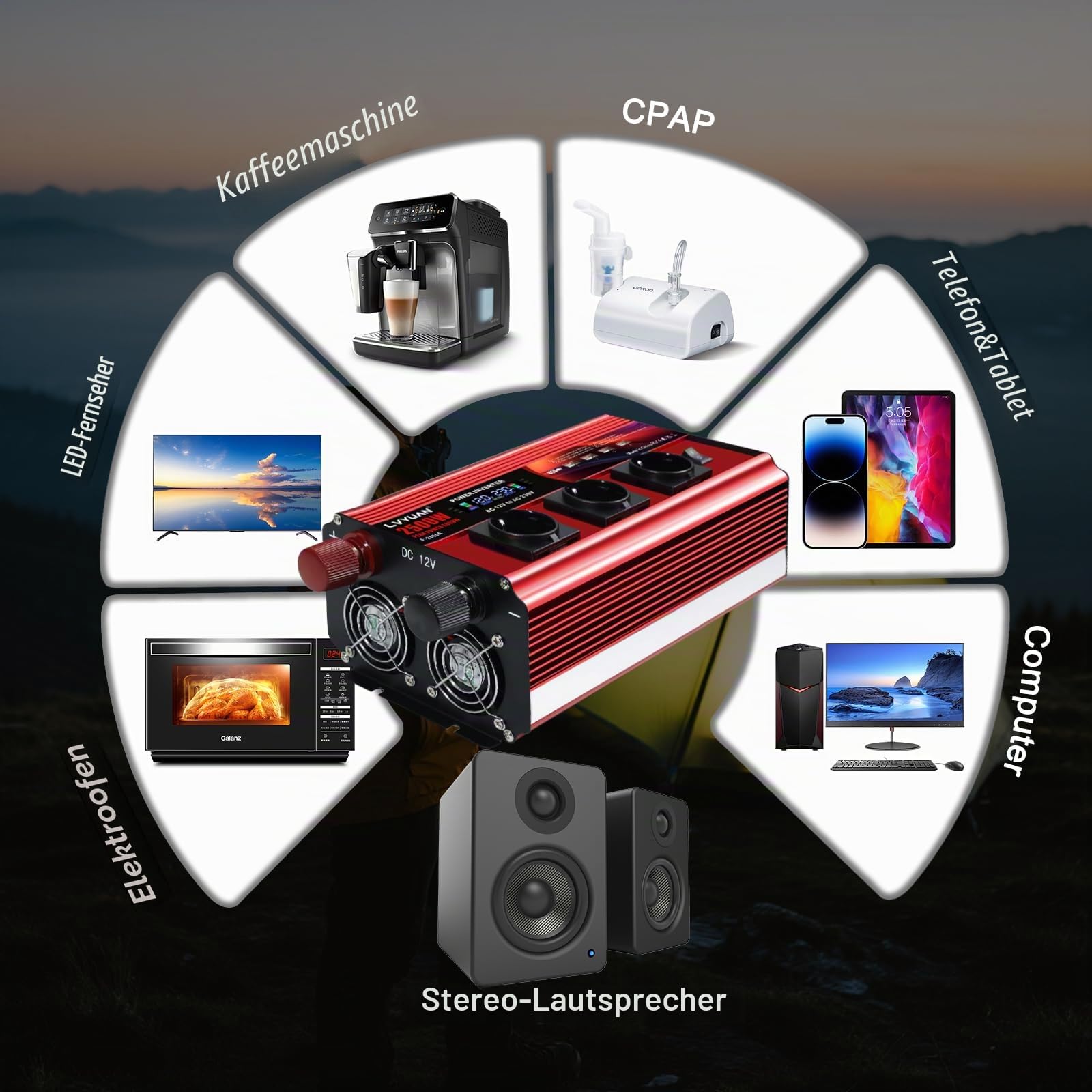 LVYUAN 2500W/5000W Wechselrichter DC 12V auf 230V AC Spannungswandler Konverter mit Fernbedienung, LCD, 4 USB Ports, 3 AC Steckdose für Outdoor, Notstromausfall