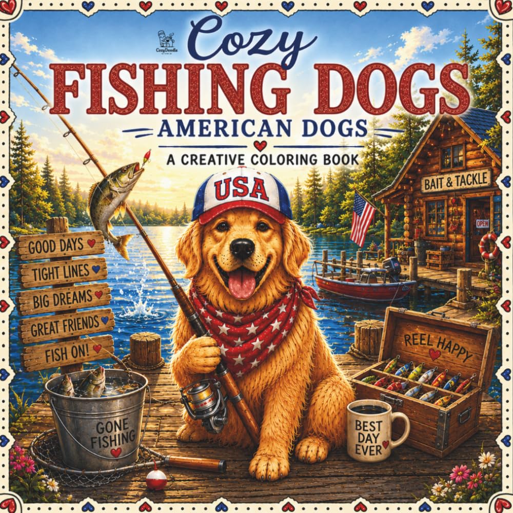 Cozy Fishing Dogs: 40 Easy and Relaxing Coloring Pages Featuring Adorable Dogs Enjoying Cozy Fishing Adventures, Lake Life and Outdoor Fun