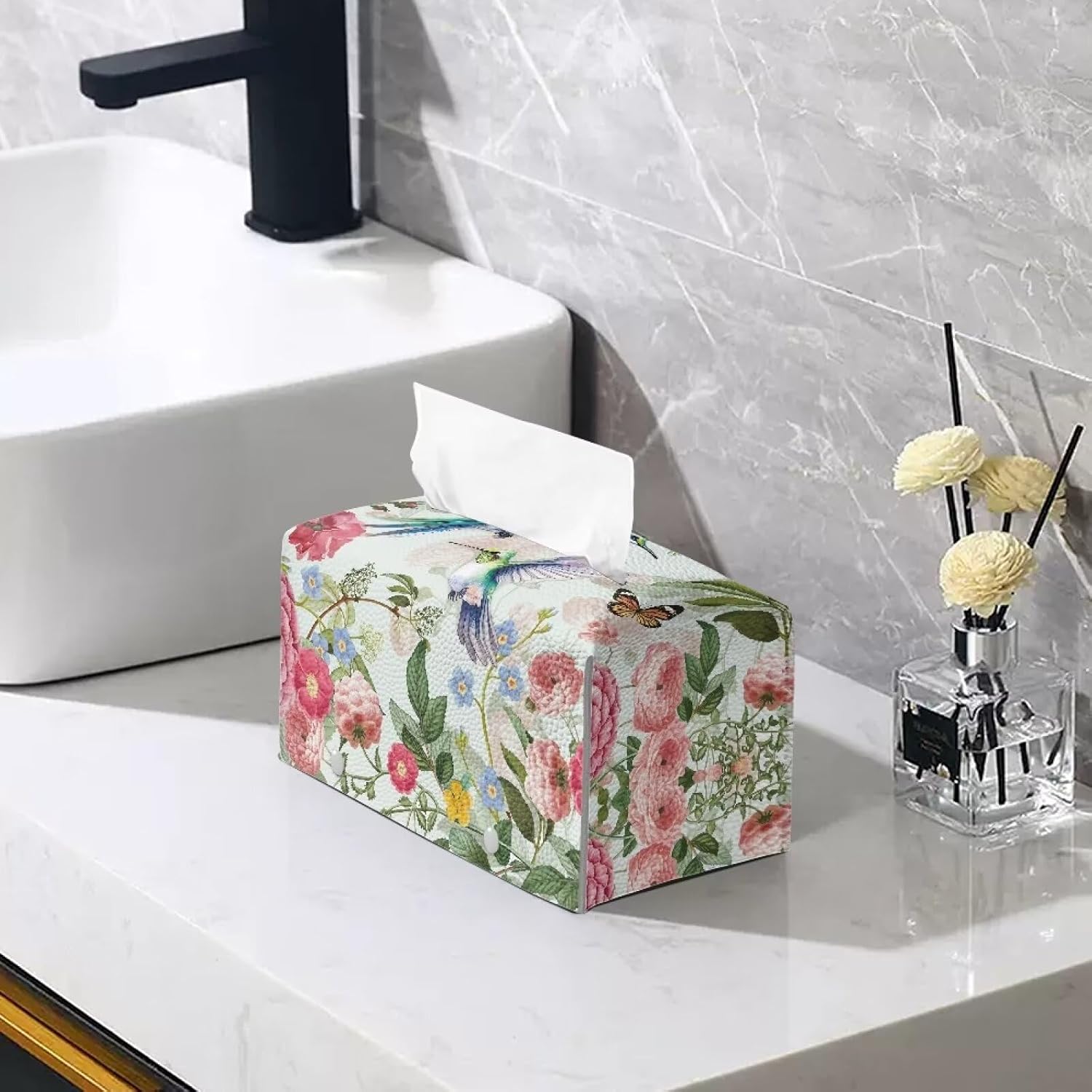 Wildflower Rectangle Tissue Box Cover Modern PU Leather Rectangular Tissue Box Tissue Box Holder Waterproof Tissue Cover Decorative Tissue Box Organizer for Bathroom