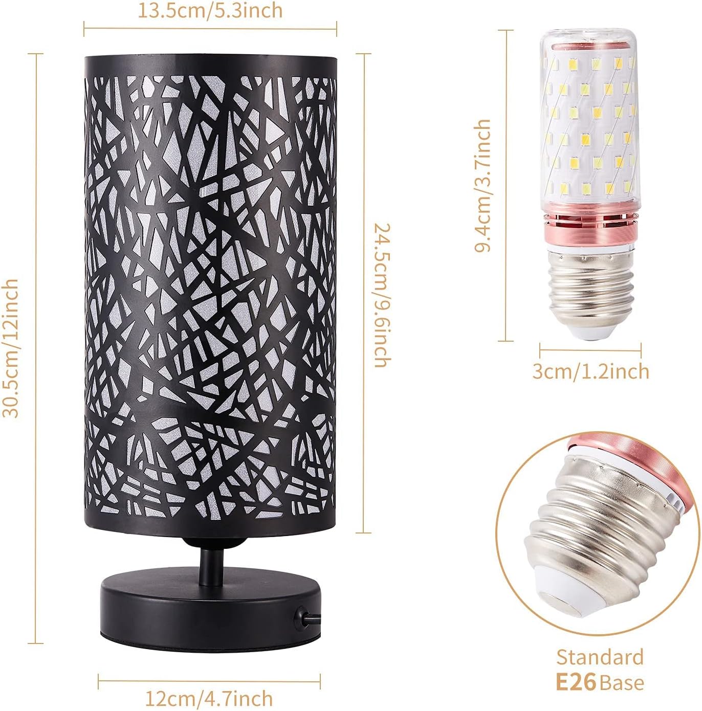 YXTH Bedside Table Lamp, Side Table Lamp for Bedroom, 3 Color Bulb Included, Small Table Lamp with Metal Shade, Nightstand Lamps for Bedroom Living Room, Dorm, Office
