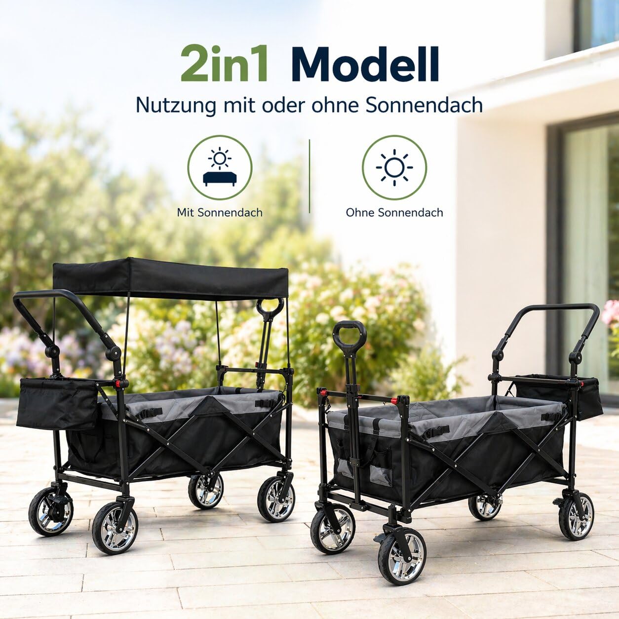 Bollerwagen faltbar mit Dach 105L 100kg Schiebegriff & Teleskop-Ziehstange 2 Feststellbremsen + Zentralbremse hinten 3-Punkt-Gurtsystem XXL-Hecktasche Bollerwagen mit Dach