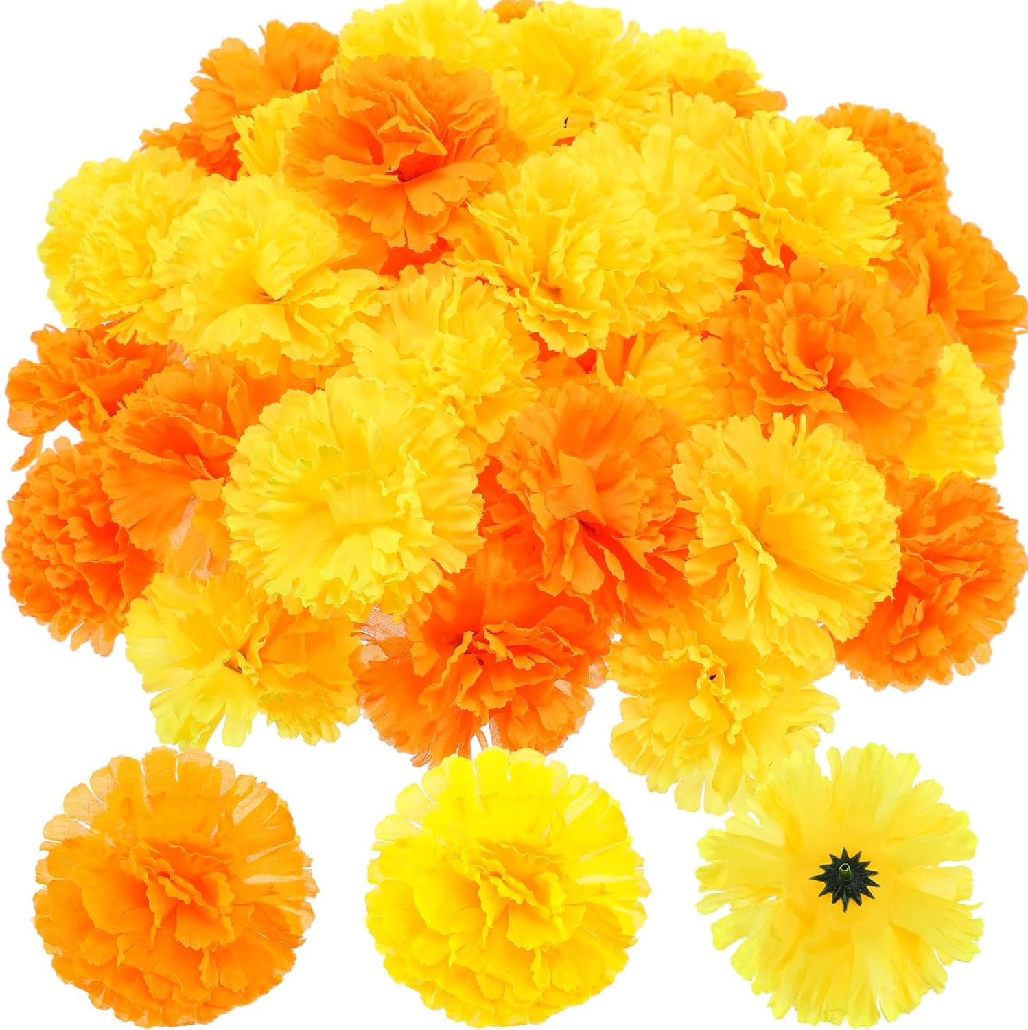 WILLBOND 140 Pcs Marigold Flower Head Mexican Artificial Marigold Flowers Halloween Flower Day of The Dead Decoration for Diwali Indian Decor DIY Wreath Garland Craft(3.5 Inch,Orange, Yellow)