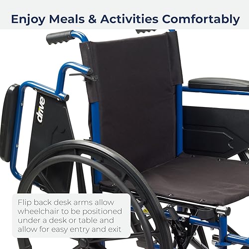 Vista 4 de Silla de ruedas azul con brazos desmontables de escritorio y apoyos para descansar la pierna elevados, de Drive Medical , BLS18FBD-ELR, Azul, 1, 1