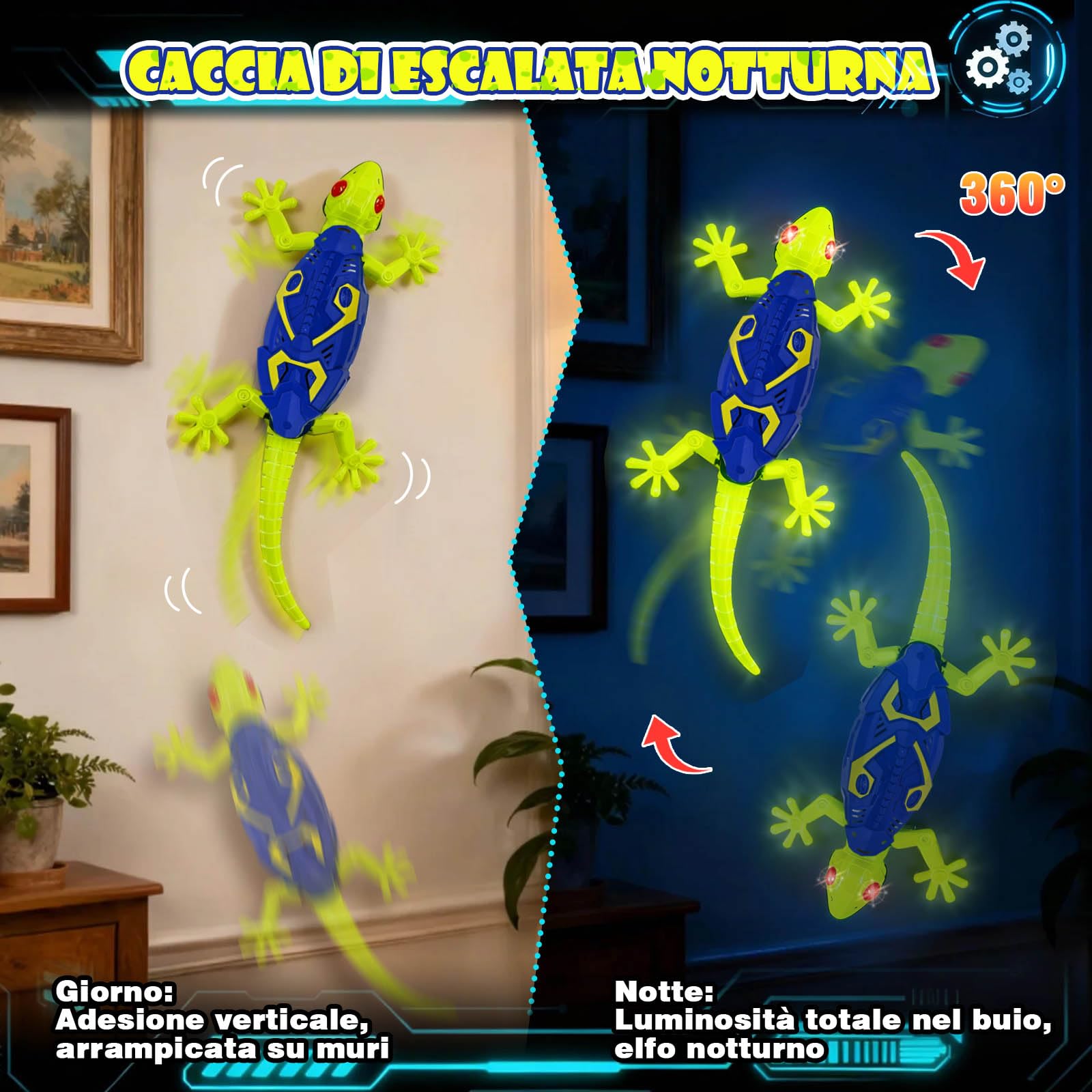HILKKET Geco Telecomandato Fluorescente al Buio, Giocattolo Che Si Arrampica sulle Pareti, Lucertola Telecomandata Ricaricabile con occhi LED Luminosi, Giochi Bambini, Bambina, Bambino 3+ Anni