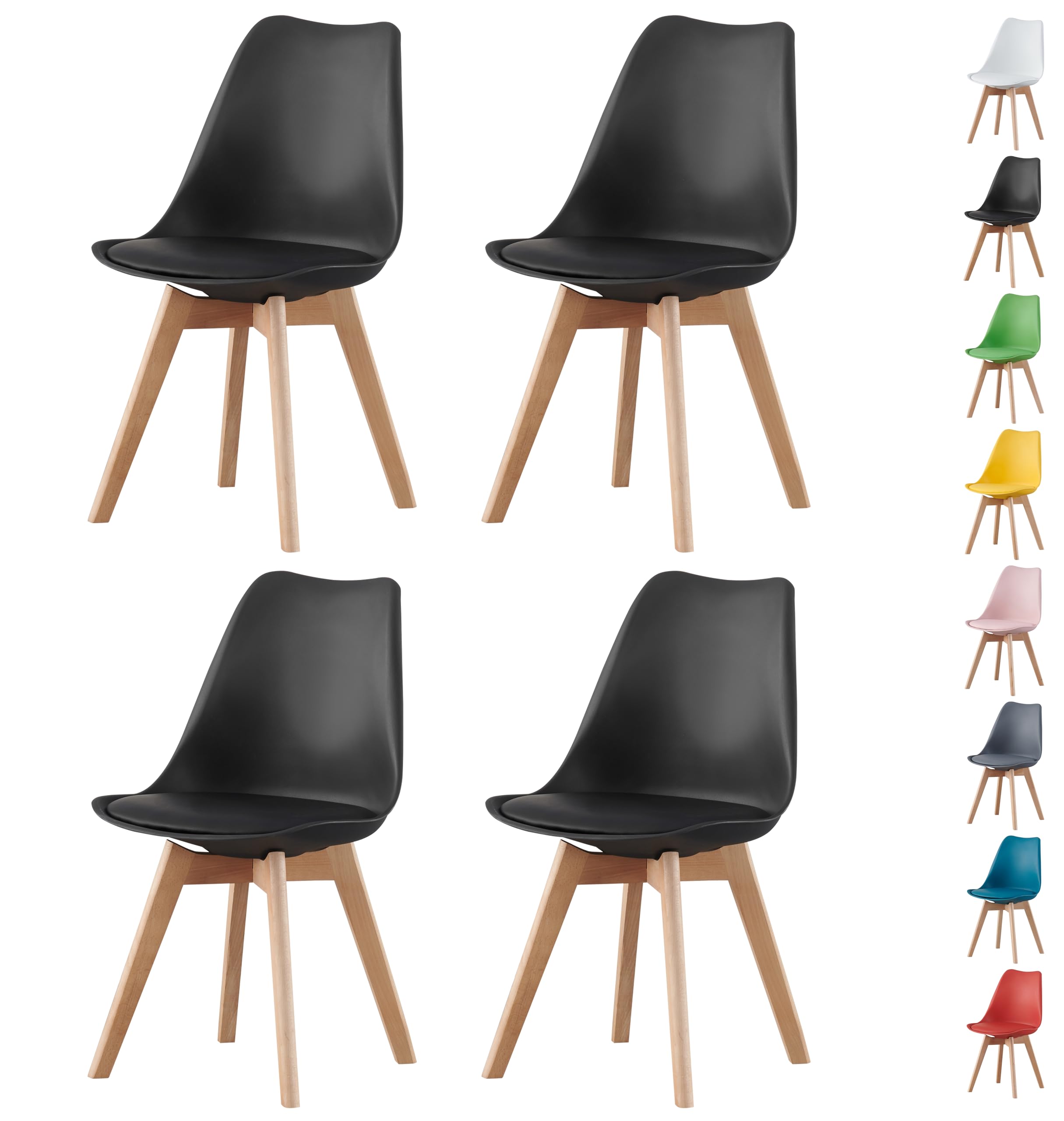 MOF Dining Chairs Set of 4 – Modern Faux Leather Dining Room Chairs with Wooden Legs, Padded Seat & Curved Backrest–Easy to Clean Chair for Lounge, Kitchen, Office - Stylish DELUXE Retro EVA (BLACK)