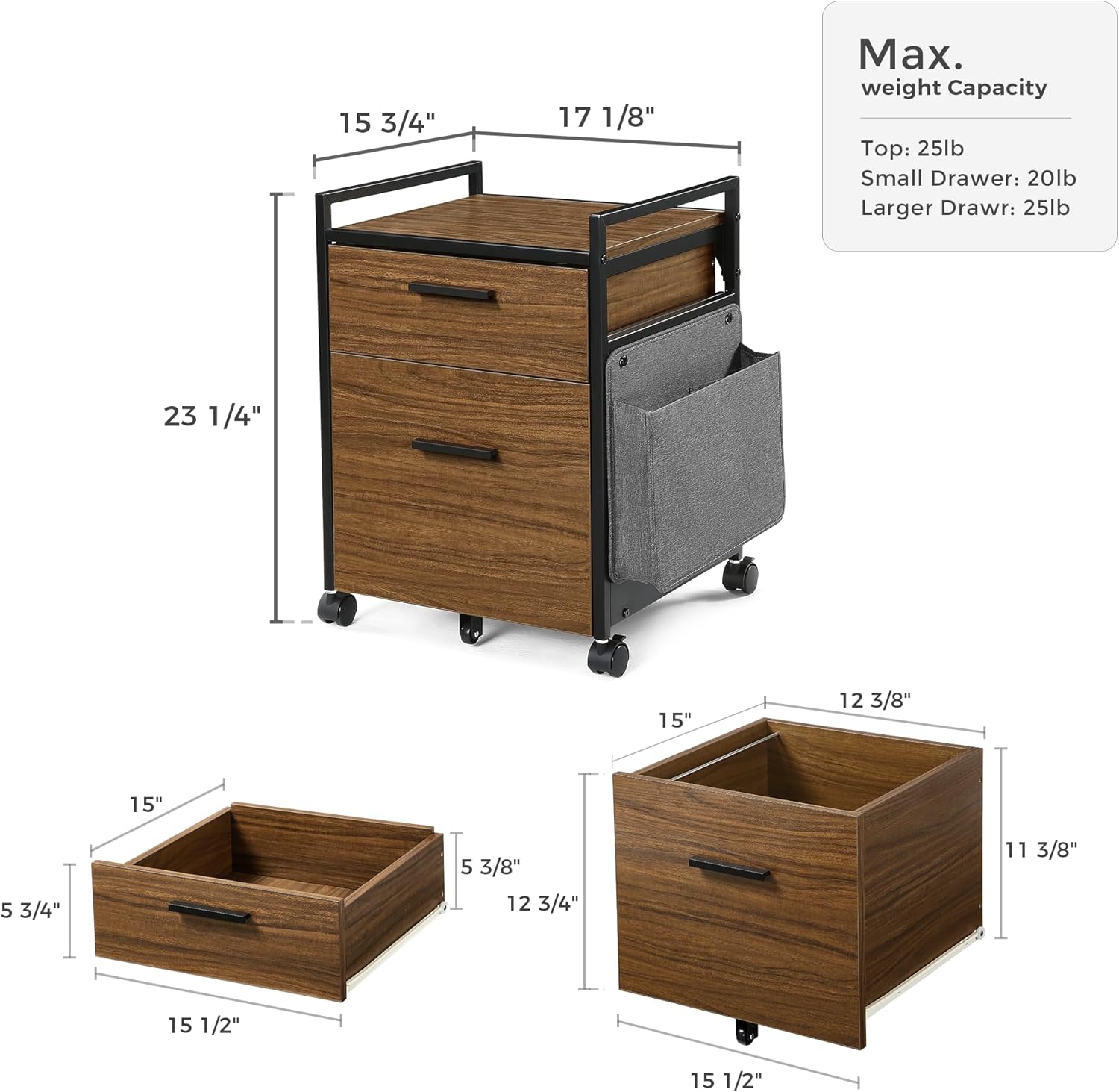 EUREKA ERGONOMIC 2-Drawer Mobile File Cabinet with Wheels, Solid Wood Rolling Storage Cabinet for Home Office, Space-Saving Under Desk Organization with Printer Stand, Walnut