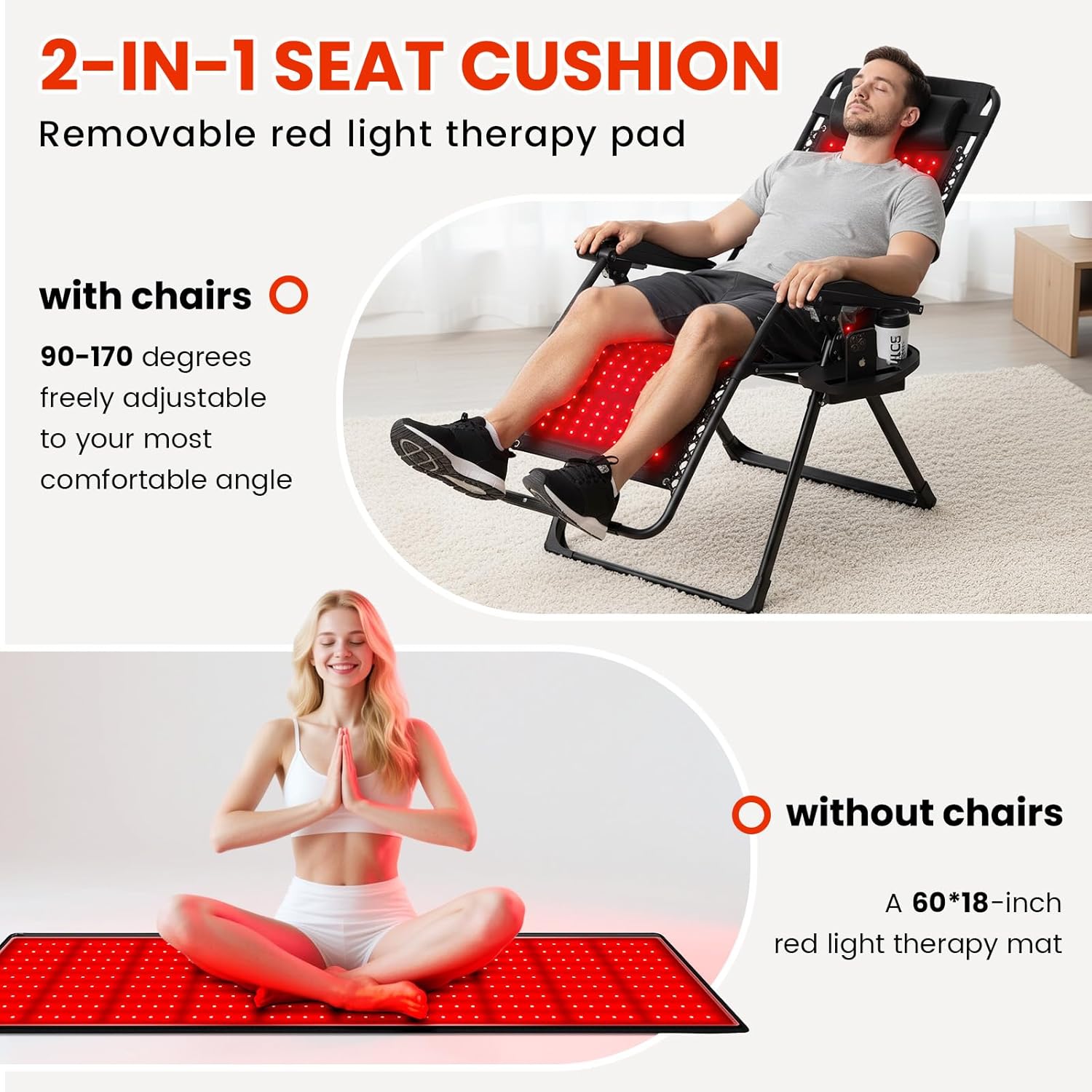 Red Light Therapy Mat with Lounge Chair, Infrared Light Therapy 660nm 850nm Full Body Blanket + Folding Reclining, 90°~170° Red Light Folding Chair, for Pain Relief, Outside, Nap. Support 440 LBS