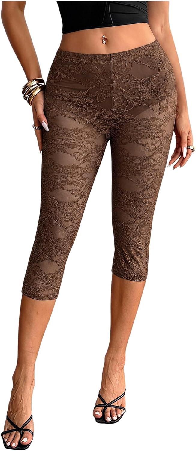 Milumia Women's Lace Capri Leggings High Waist See Through Cropped Pants