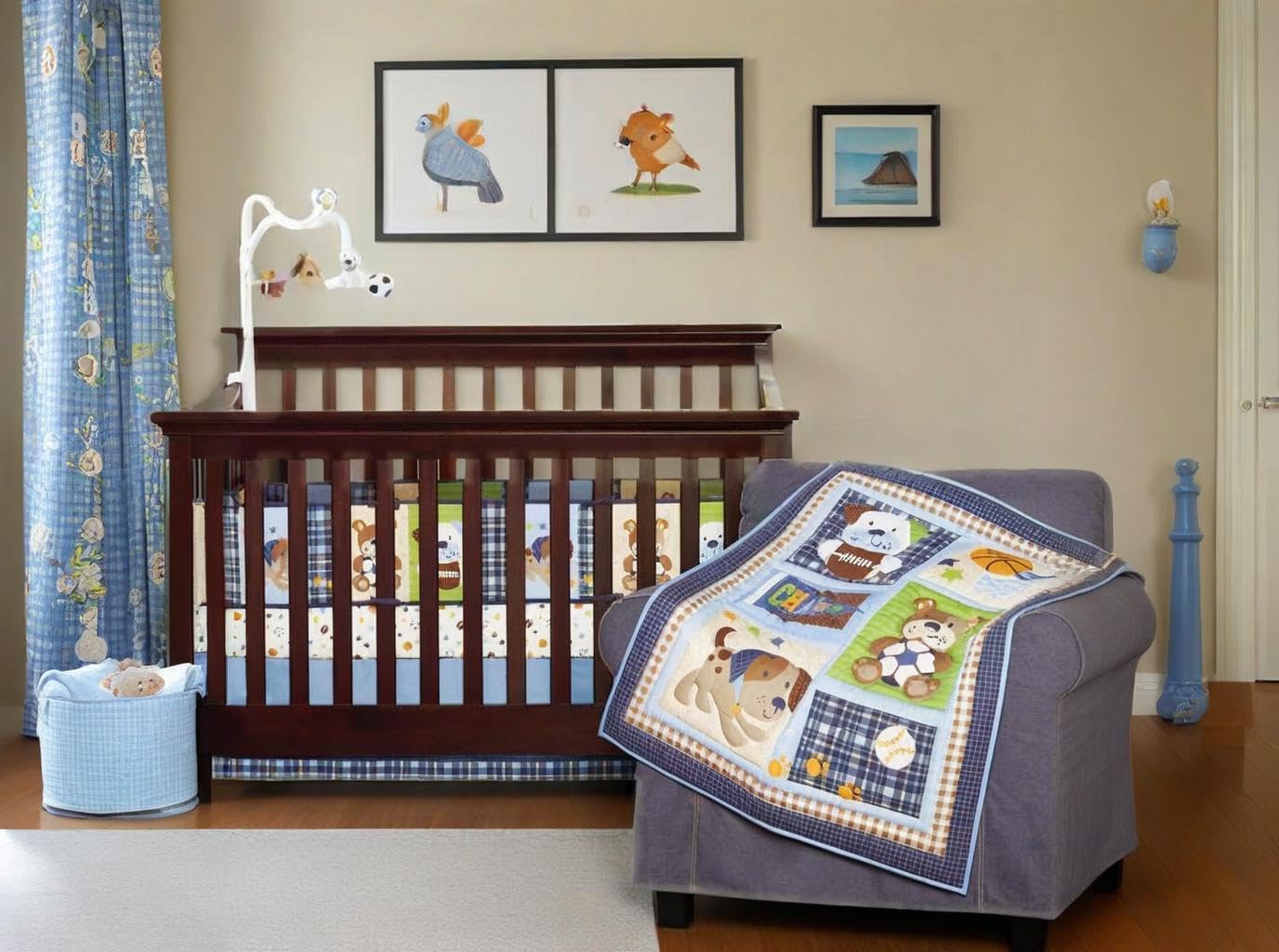 Baby 3 Pieces Crib Bedding Set, Sports Theme with Puppy Applique, Blue Patchwork Quilt for Nursery | Sports Theme
