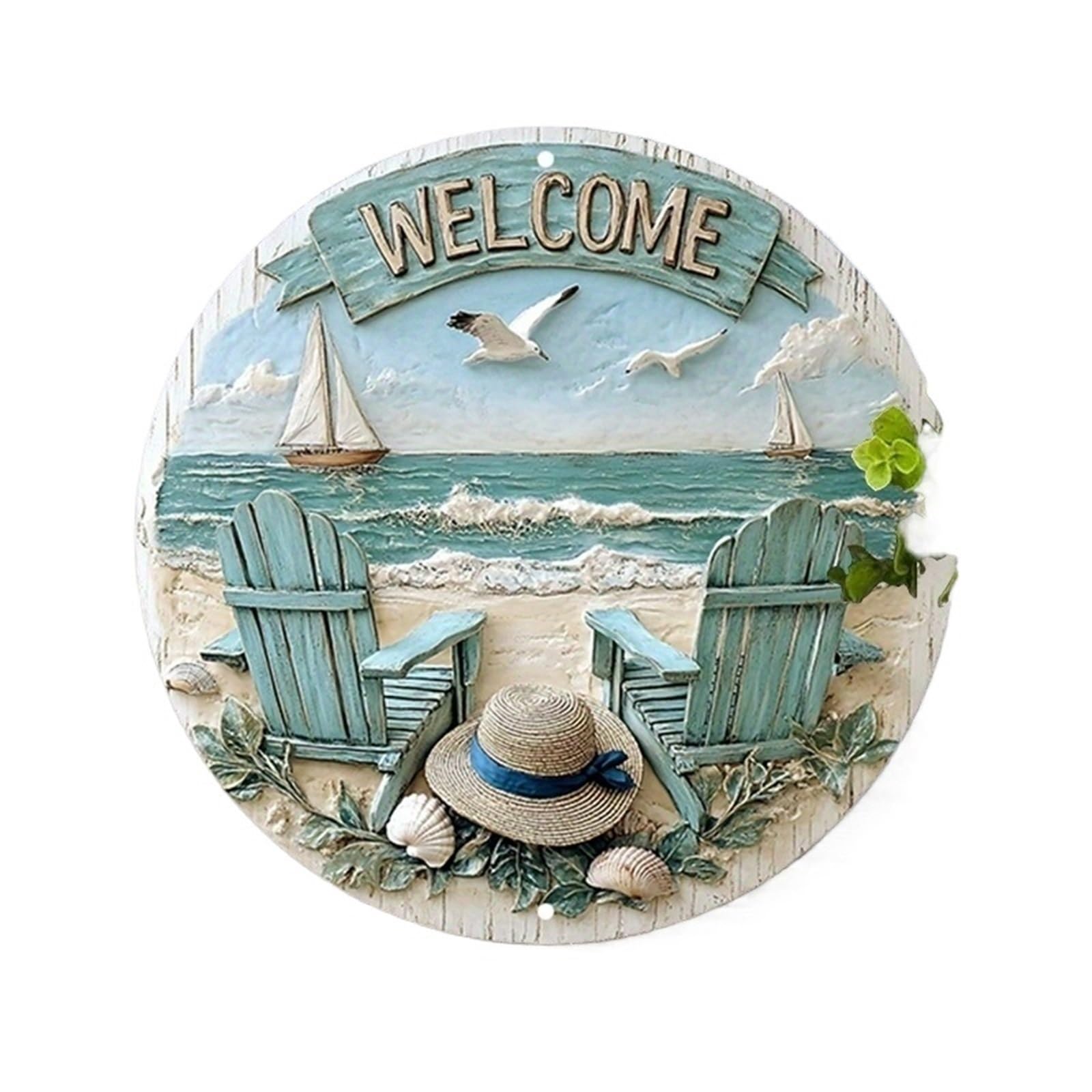 Wooden Welcome Sign Coastal Welcome Sign 2D 8in Wooden Circular With Beach Chair Sailing Elements For Cafe Or House Outdoor Decor for home