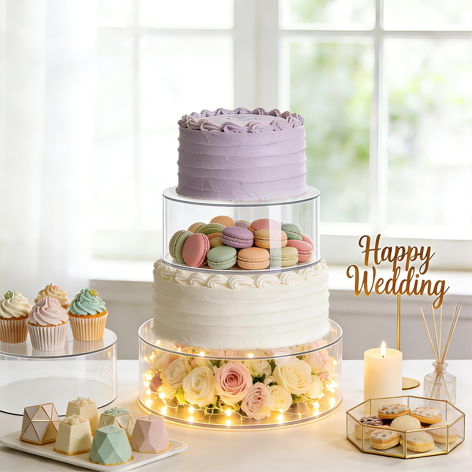 Garvee Alzata per torte in acrilico trasparente con luci a LED, 15,2/20/25,4 cm, rotonda, riempibile, con etichette, espositore da tavolo per dessert, per feste, matrimoni, compleanni