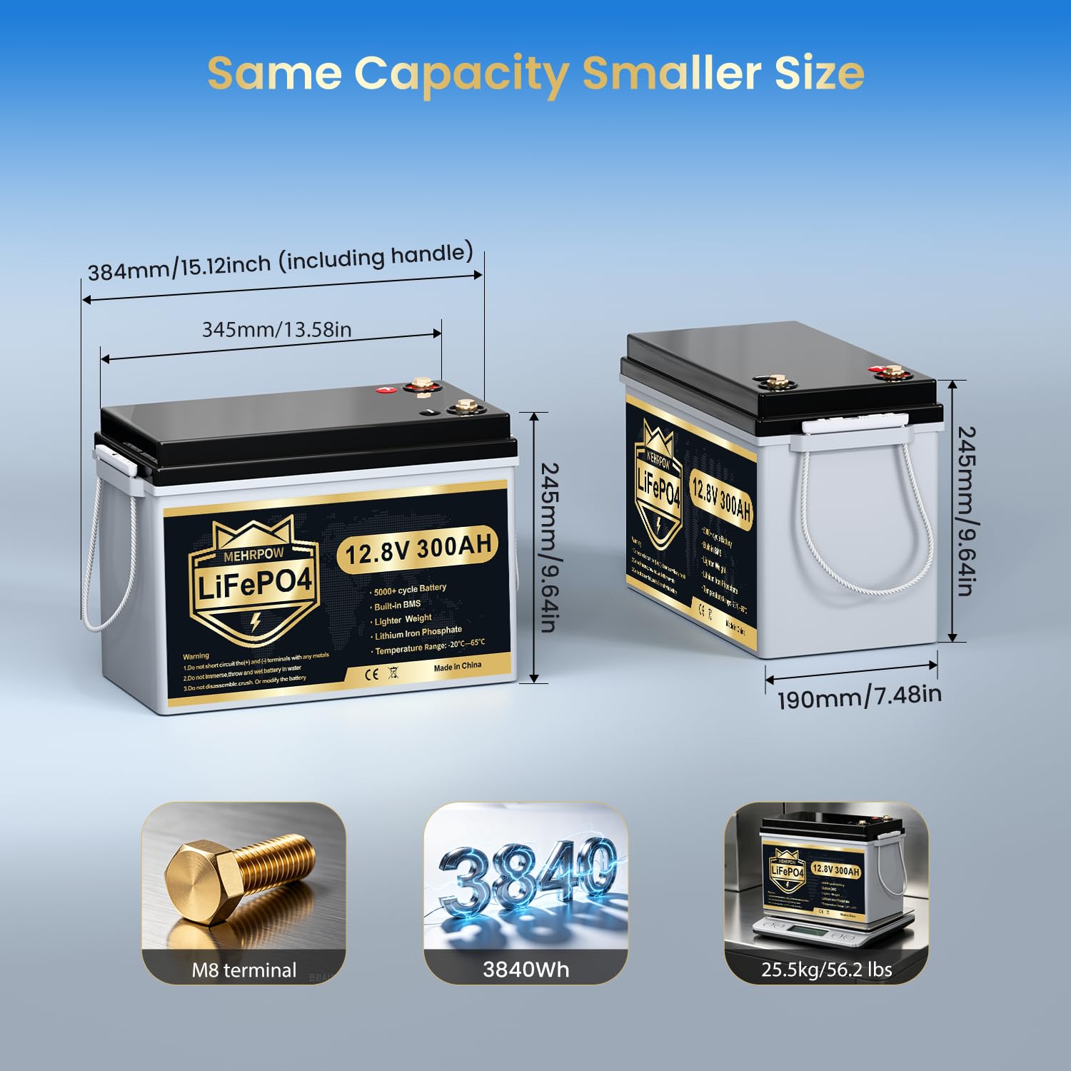 12V 300Ah MINI LiFePO4 Lithium Batterie, Lithium Batterie, 200A BMS, bis zu 15000 Zyklen, Max.3840Wh Energie mit Low Temp Cut off, perfekt für RV, Solar, Trolling Motor