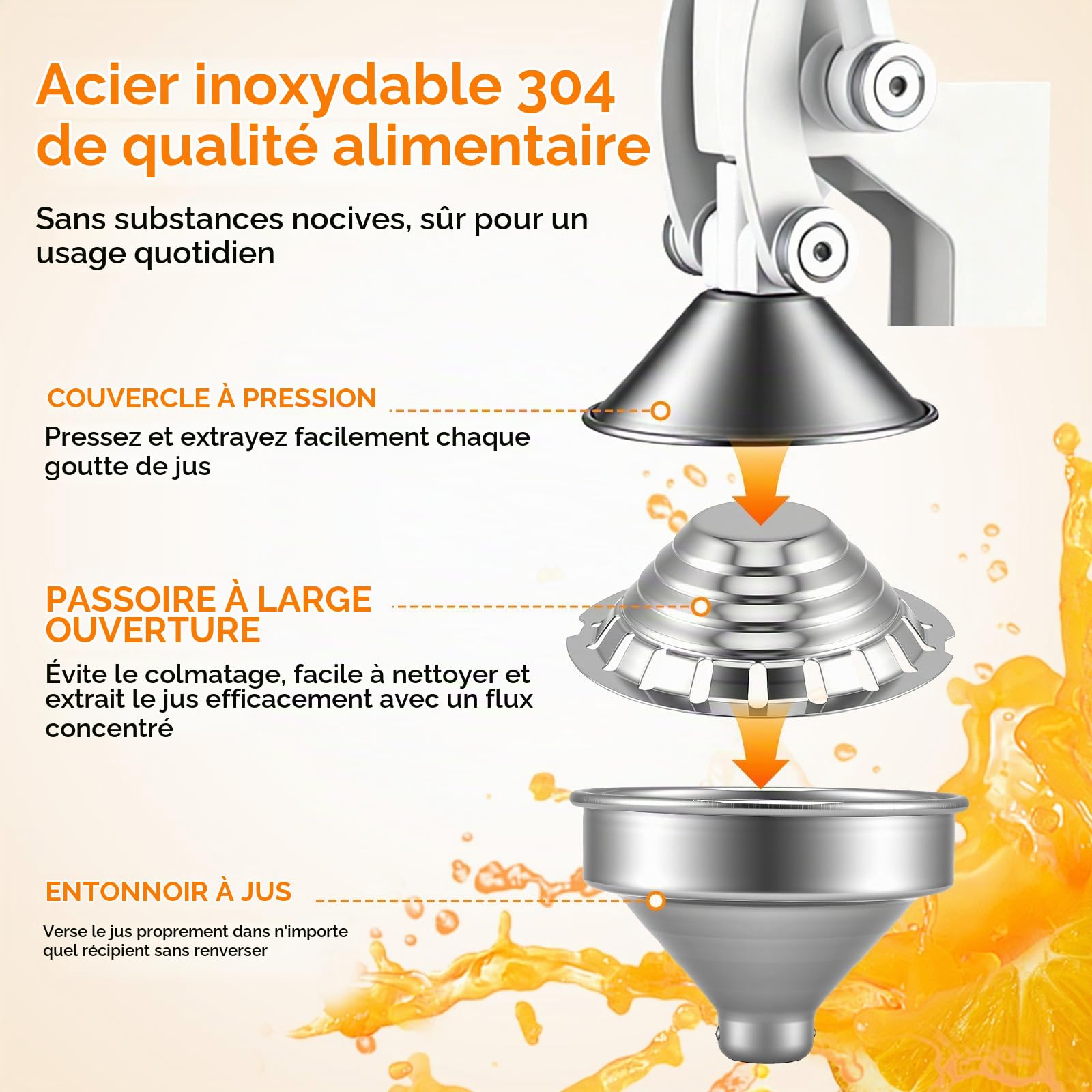 Presse Agrumes Manuel avec Tête Pointue & Plate, Acier Inoxydable Presse Orange avec Tasse Mesure 500ml, Presses Fruit avec Base U Stable, Haute Extraction de Jus, pour Citron, Orange, Pamplemousse