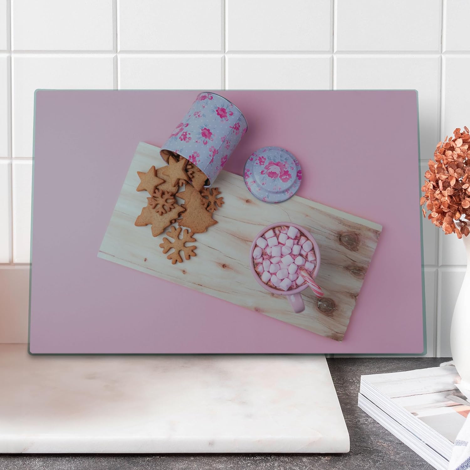 Ambesonne Christmas Cutting Board, Gingerbread Cookies Hot Chocolate with Pink Marshmallows and Candy Cane, Decorative Tempered Glass Cutting and Serving Board, Large Size, Pale Pink Multicolor