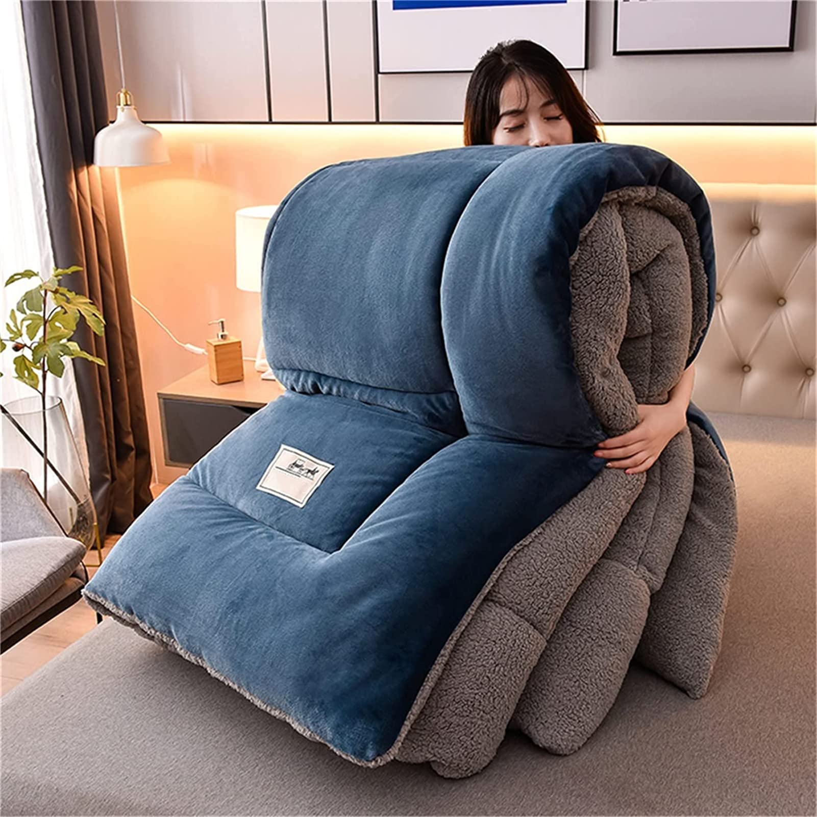 Hulg Blue Cashmere Fabric Quilt Lamb Velvet Duvet,Bedding Fleece Quilts For Home Bedroom,Soft Luxury Thick Fluffy Warm Anti-Allergy Wool Comforter (,220X240cm-5Kg)