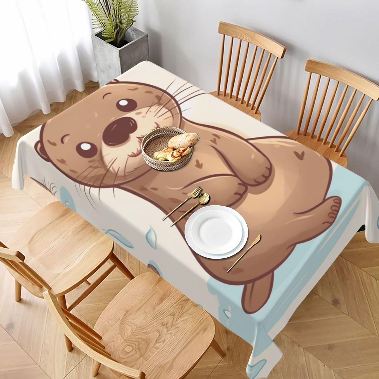 WPKJU Cartoon Cute Otter Printed Tablecloth 60x90 in Water Resistant Table Cover Washable Rectangle Table Cloth for Dining Tables