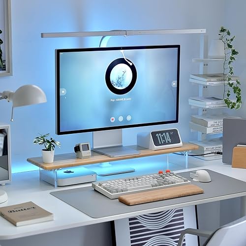 Miniatura 8 de Soporte elevador de bambú para monitor con luces RGB, estante de escritorio de 31.5 pulgadas con patas acrílicas para escritorio, monitor de