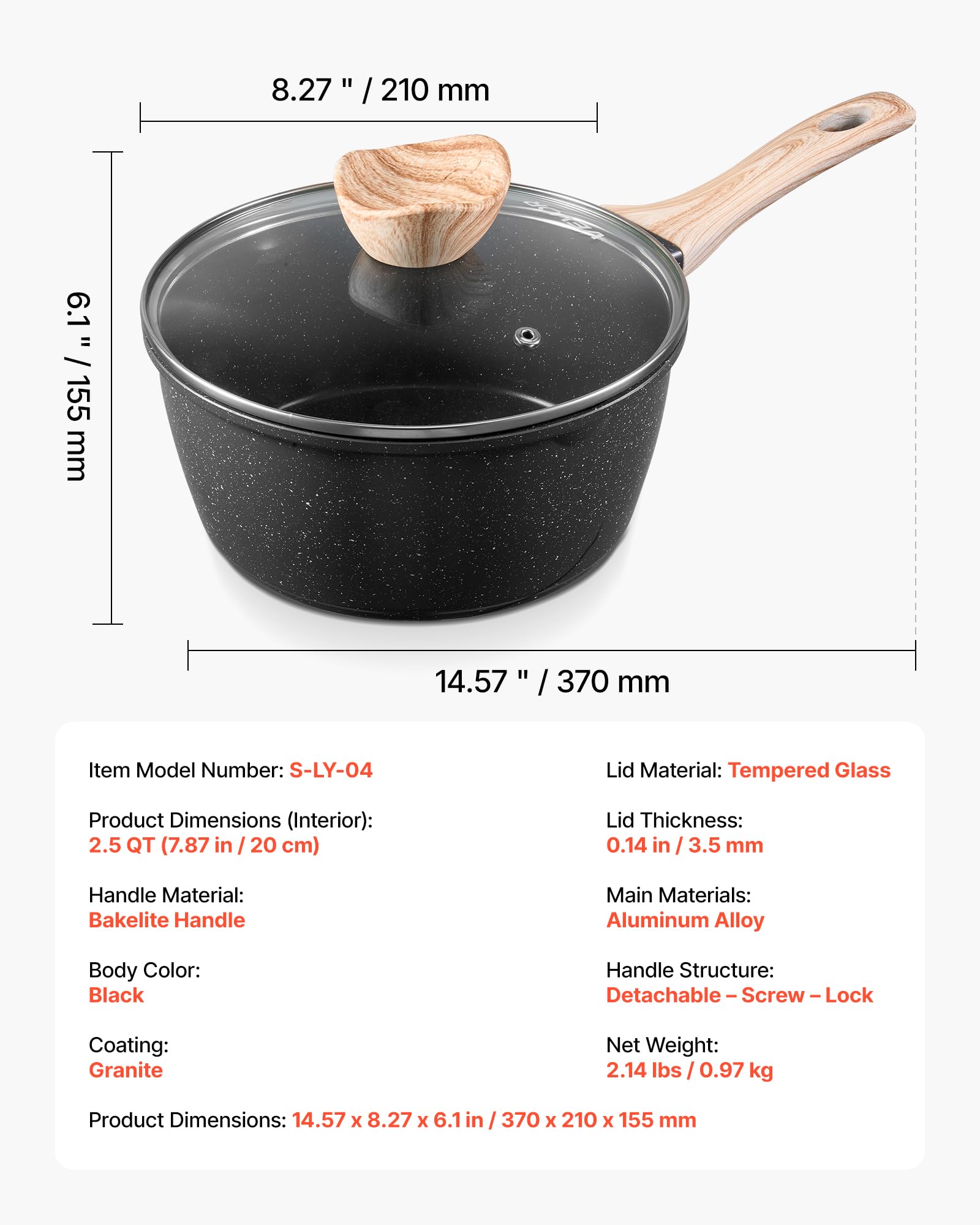 VEVOR Pentola Antiaderente, Grande Capacità 2,37 L con Coperchio in Vetro Temperato, Pentola per Zuppa e Verdure con Manico Rimovibile, per Latte e Verdure in Lega di Alluminio, Nera