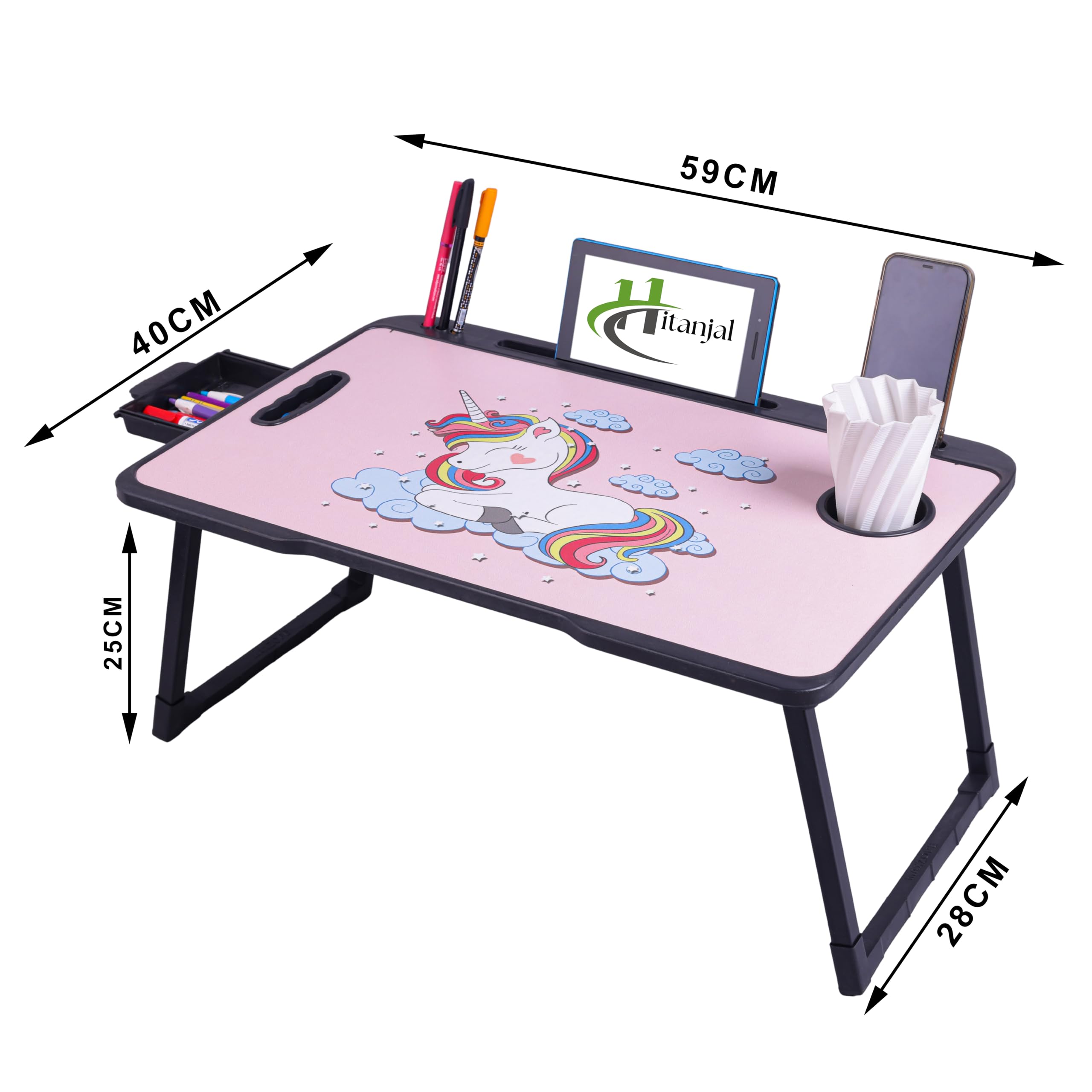Foldable Wooden Mini Laptop Table for Bed, Study Table with Drawer, Mobile Holder (Unicorn) — Amazon image 2