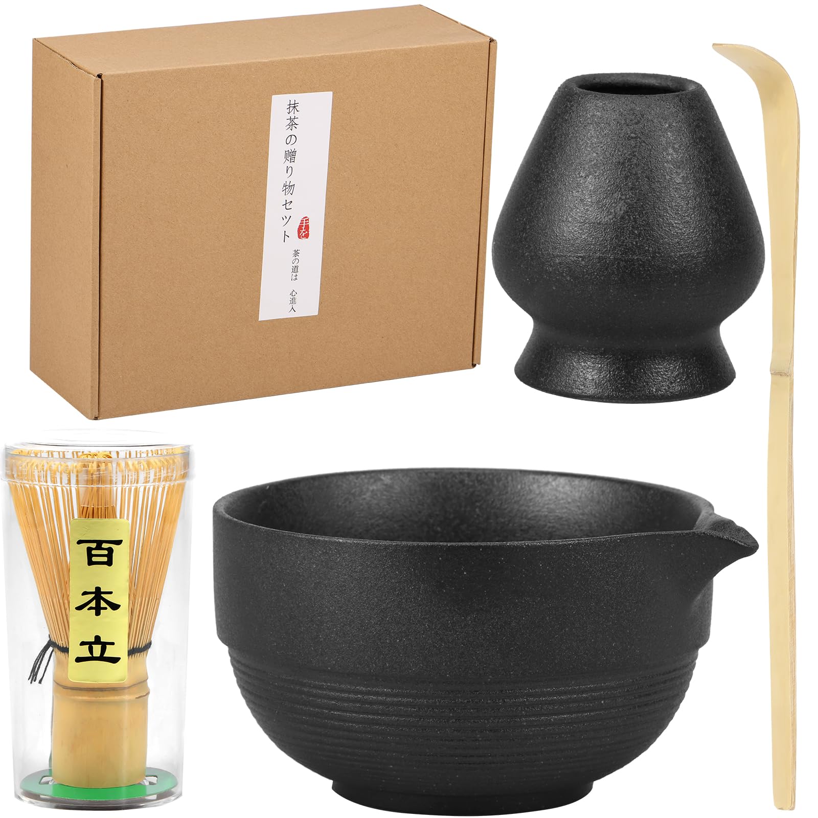 Matcha Set, Matcha Whisk Set Includes Matcha Bowl, Matcha Whisk Holder, Bamboo Matcha Whisk, Scoop and Matcha Sifter, Ceramic Matcha Kit for Tea Lovers Gift idea (Black)