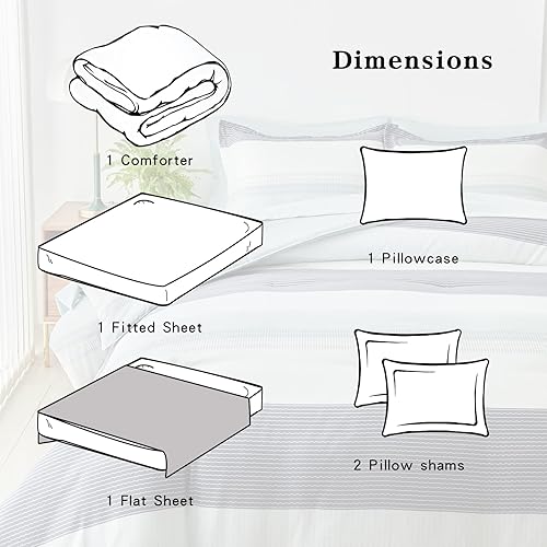 Miniatura 6 de Flysheep Juego de sábanas de 6 piezas a rayas degradadas en una bolsa, tamaño individual, para niños, gris, verde, blanco (1 edredón, 1 sábana