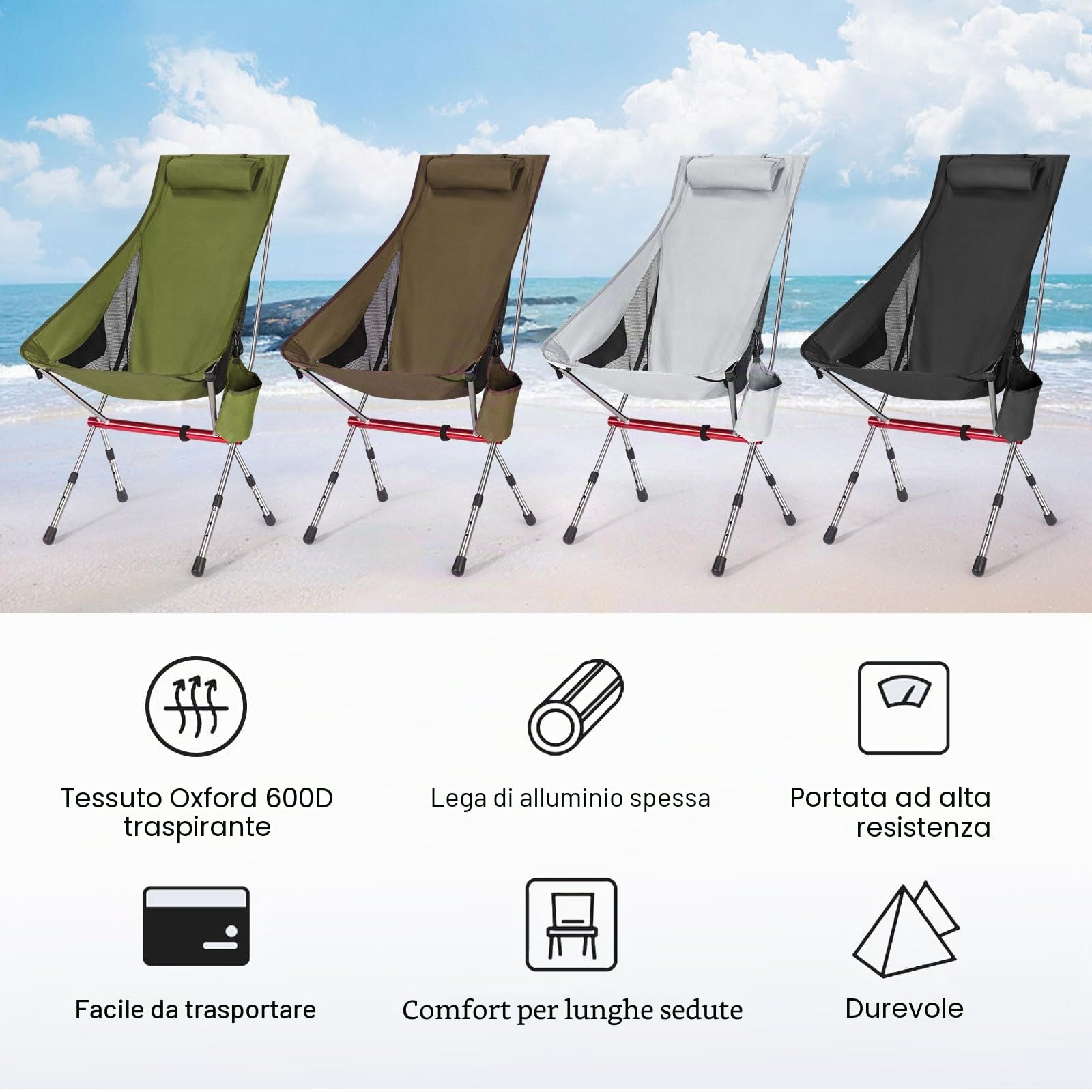 OKYUK Nuova sedia da campeggio pieghevole con schienale alto, tre altezze regolabili, borsa da trasporto leggera e custodia per tazza,Ideale per escursioni, relax in spiaggia e pesca (Nero)