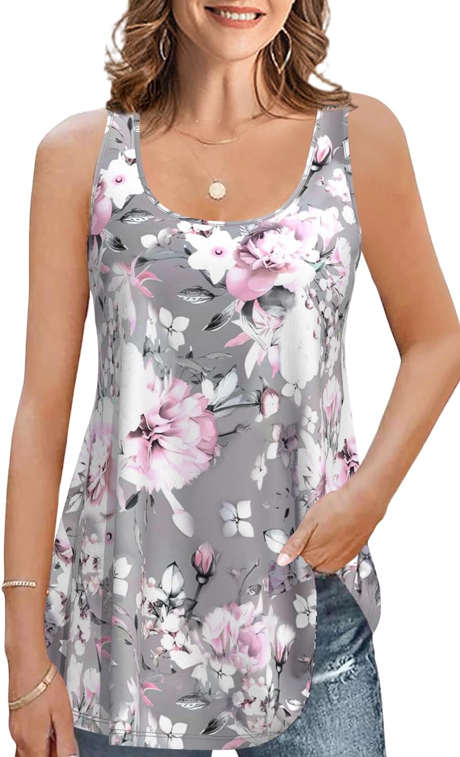 FLYCURVY Plus Size Tank Tops with Built in Bra for Women Sleeveless Cami Casual Floral Print Loose Fit XL-5XL