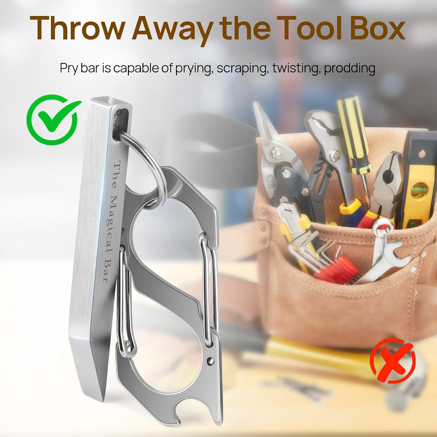 EDC Pry Bar with Carabiner, Heavy Duty Keychain Prybar Tool, Mini Stainless Steel Multi Tool, Everyday Carry for Men Women, Minimalist Tool for Opening Boxes, Turning Screws image 4