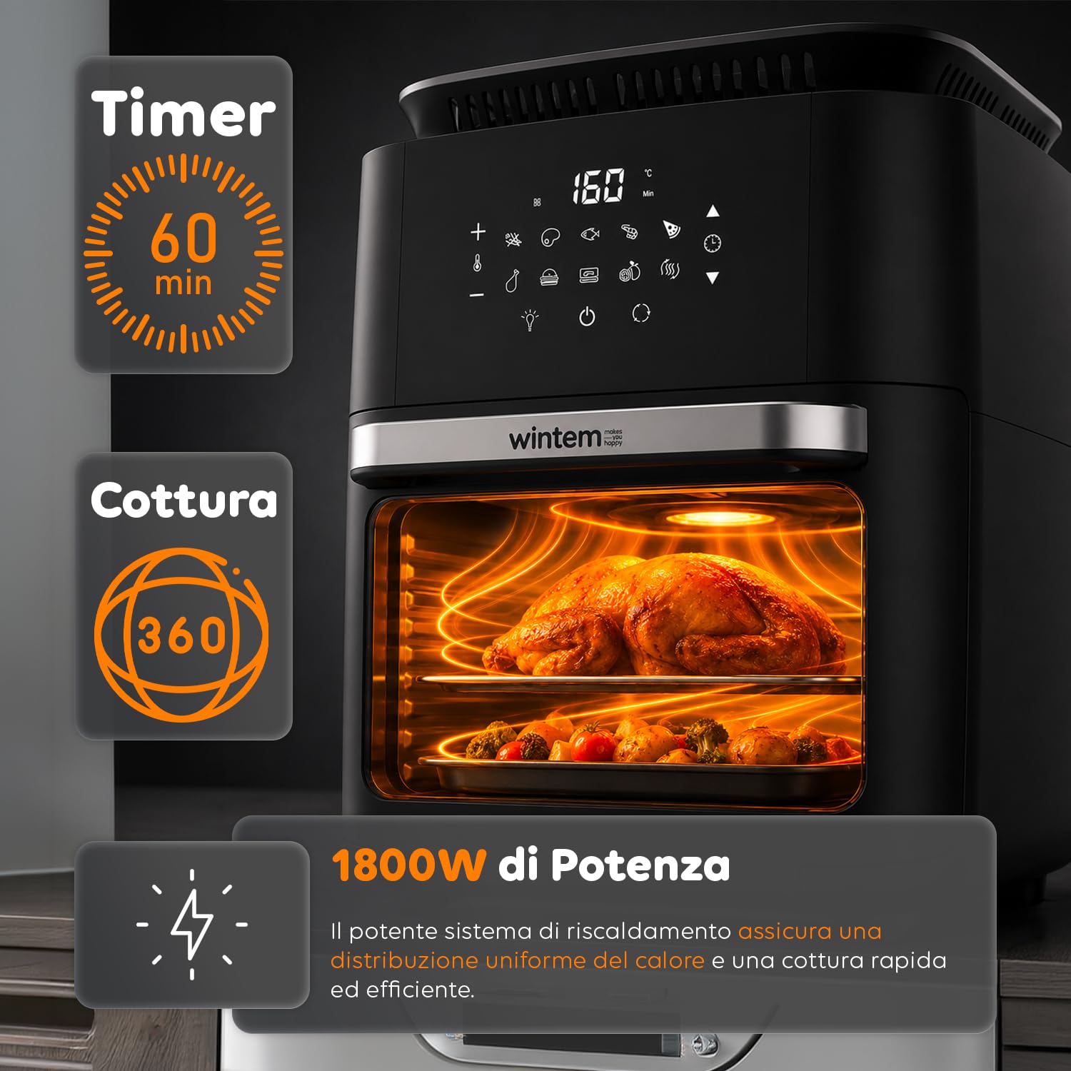 Avilia Friggitrice ad Aria 12 Litri XXL con Display Touch – Airfryer 1800W con 12 Programmi, Cottura 360° e Accessori Inclusi per Piatti Croccanti e Sani Senza Olio – Forno ad Aria per Famiglie
