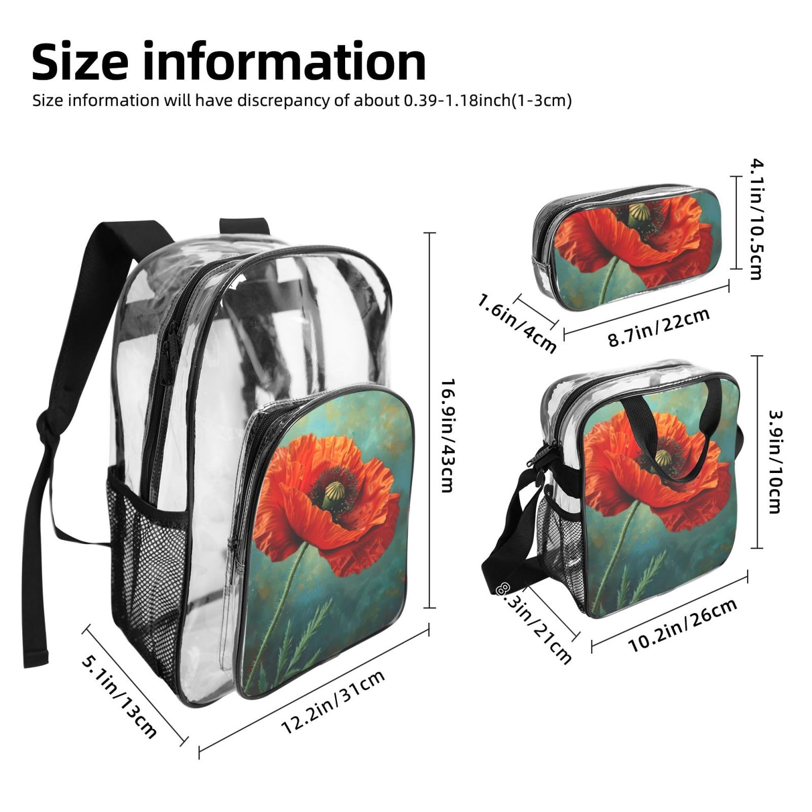 Poppy Flower Print 3-częściowy przezroczysty plecak zestaw do podróży na świeżym powietrzu przygody wakacje przezroczysta torba