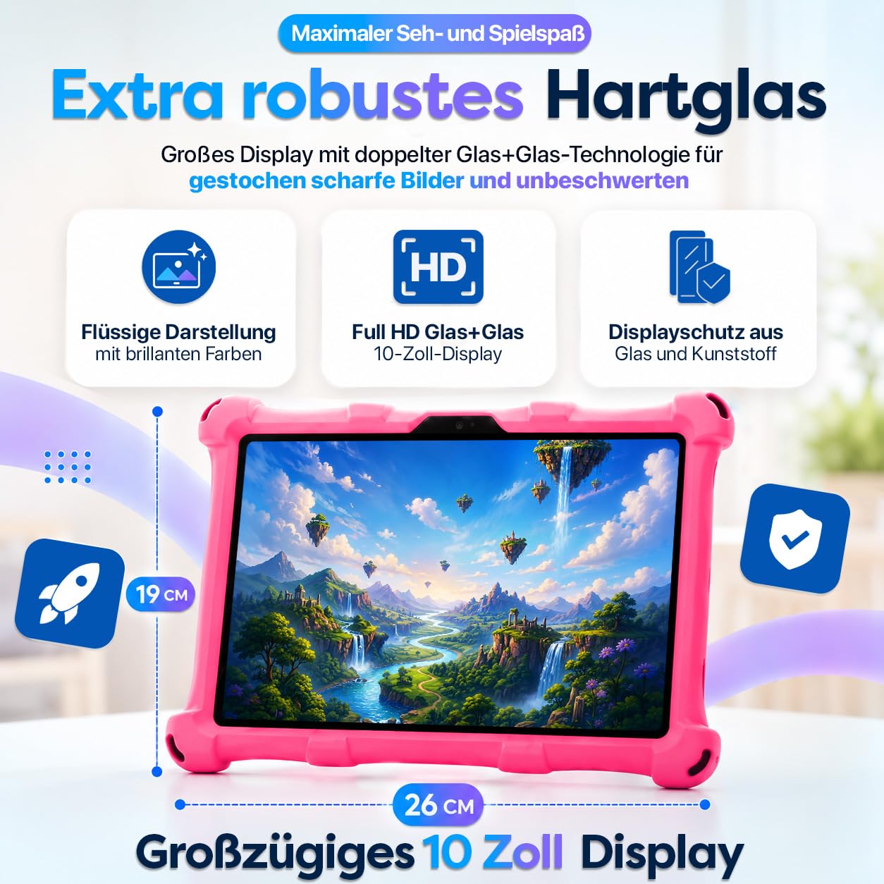 AngelTech Kindertablet XL Pro II – 10 Zoll HD 2025 – Android 16 Kinder Tablet mit Kindersicherung – 6GB RAM + 8GB virtuell, 128GB Speicher – Tablet für Kinder mit Schutzhülle – Rosa