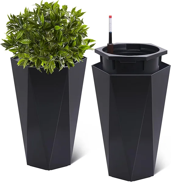 GarveeLife 22.5 Inch Tall Diamond Planters Set of 2, Self Watering Planters with Water Level Monitor and Wheels, Flower Pots Outdoor and Indoor for Patio, Porch, Living Room, Home Office, Black