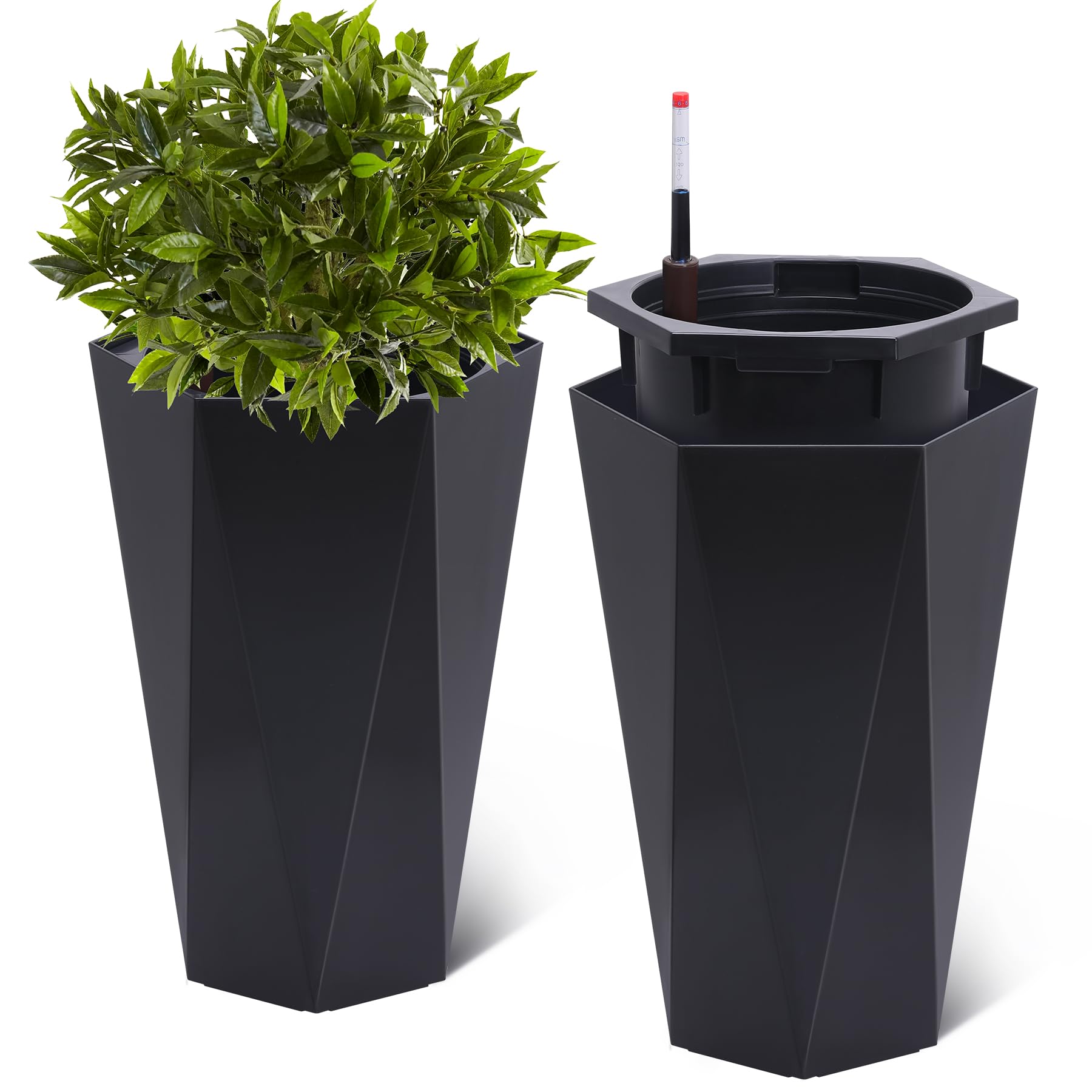 STMHOM 22.4 Inch Tall Planters Set of 2, Large Flower Pot Outdoor and Indoor, with 2 Trays and a Water Level Monitor and Wheels for Patio, Porch,