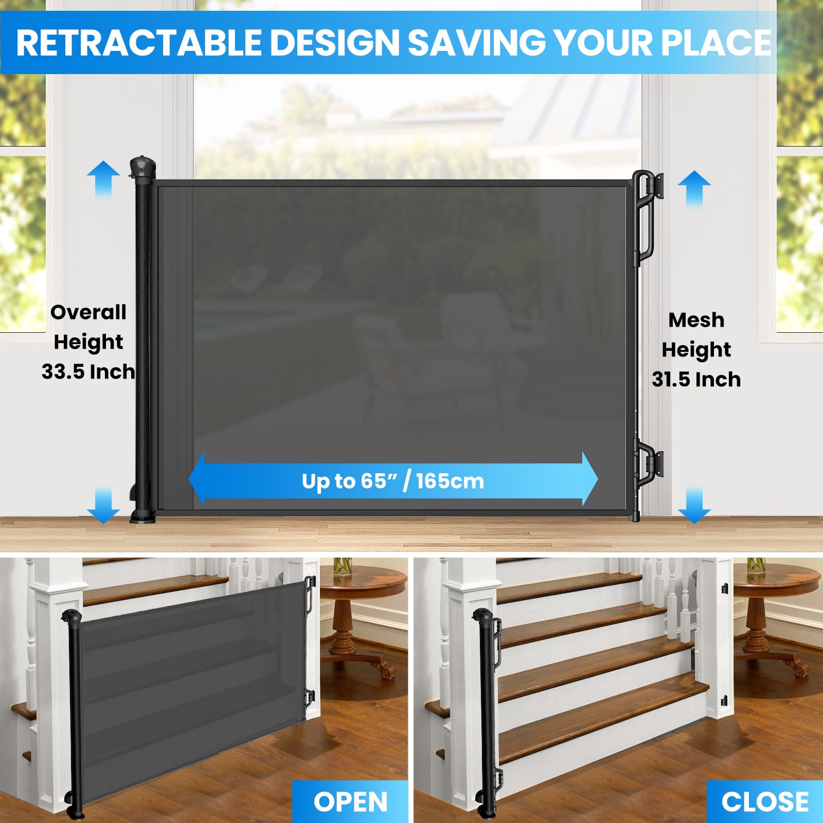 Spaceany Retractable Safety Baby Gate or Mesh Dog Gate,Durable Portable Mesh Retractable Gate,Easy to Use for Stairs, Doorways,Hallways, Indoor, Outdoor, 33.5
