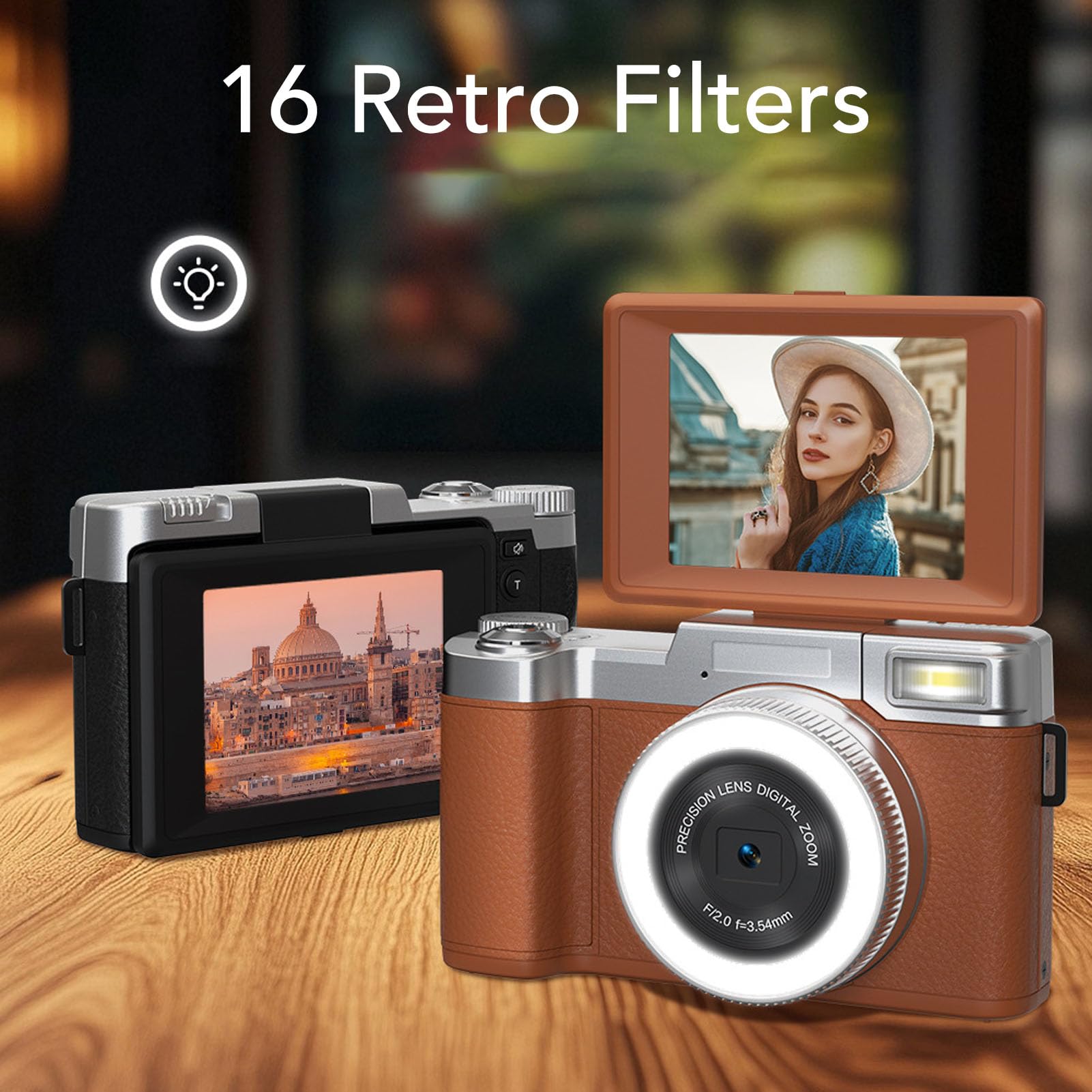 Annadue Fotocamera Digitale 4K per Fotografia, Fotocamera da Vlogging da 64 MP con Schermo di Lancio a 180 °, Autofocus, 16 Filtri retrò e Luce di Bellezza, per Principianti (BROWN)